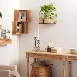 Black Wood and Natural Cane Floating Wall Shelf