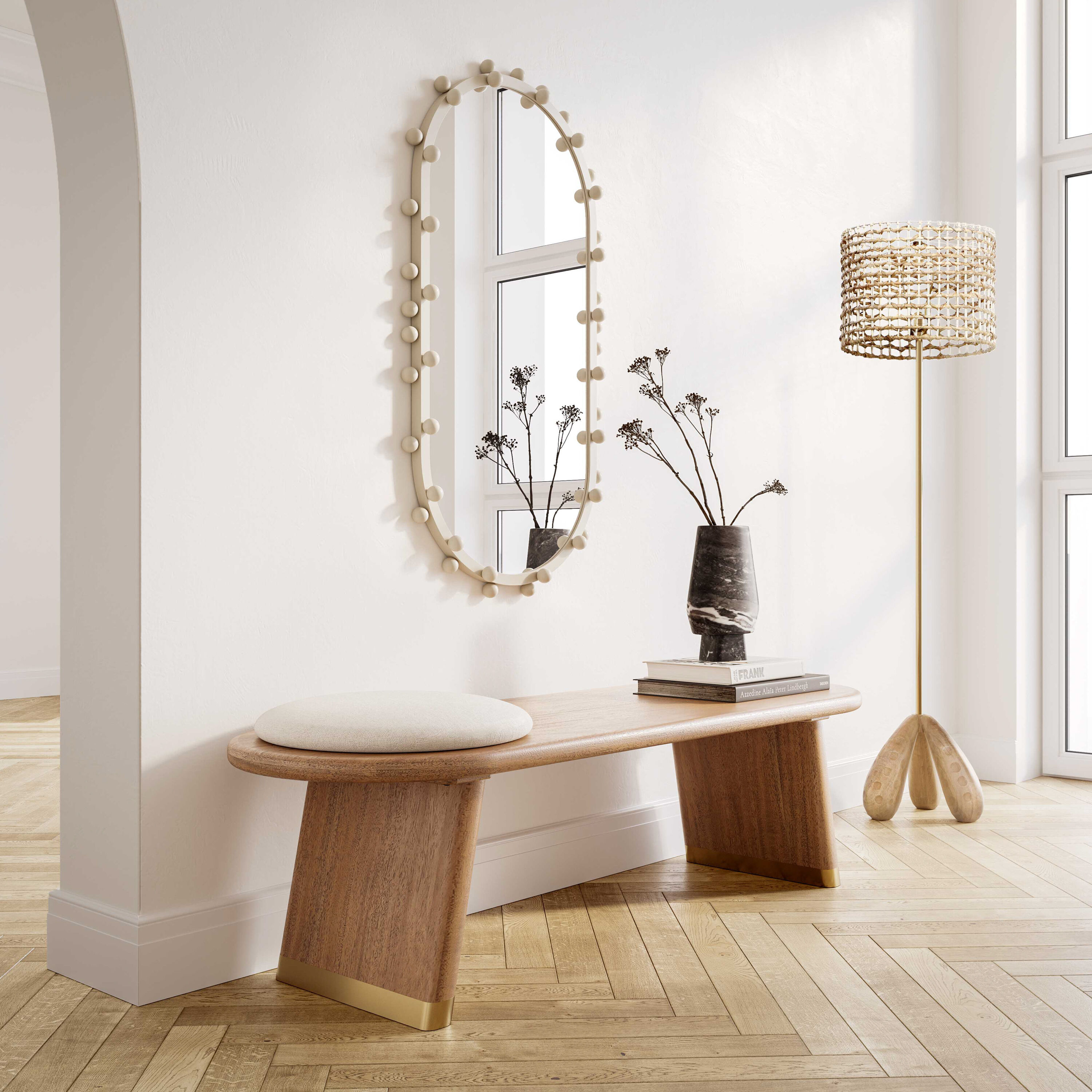 Cognac Acacia Wood Bench with Cream Boucle Cushion