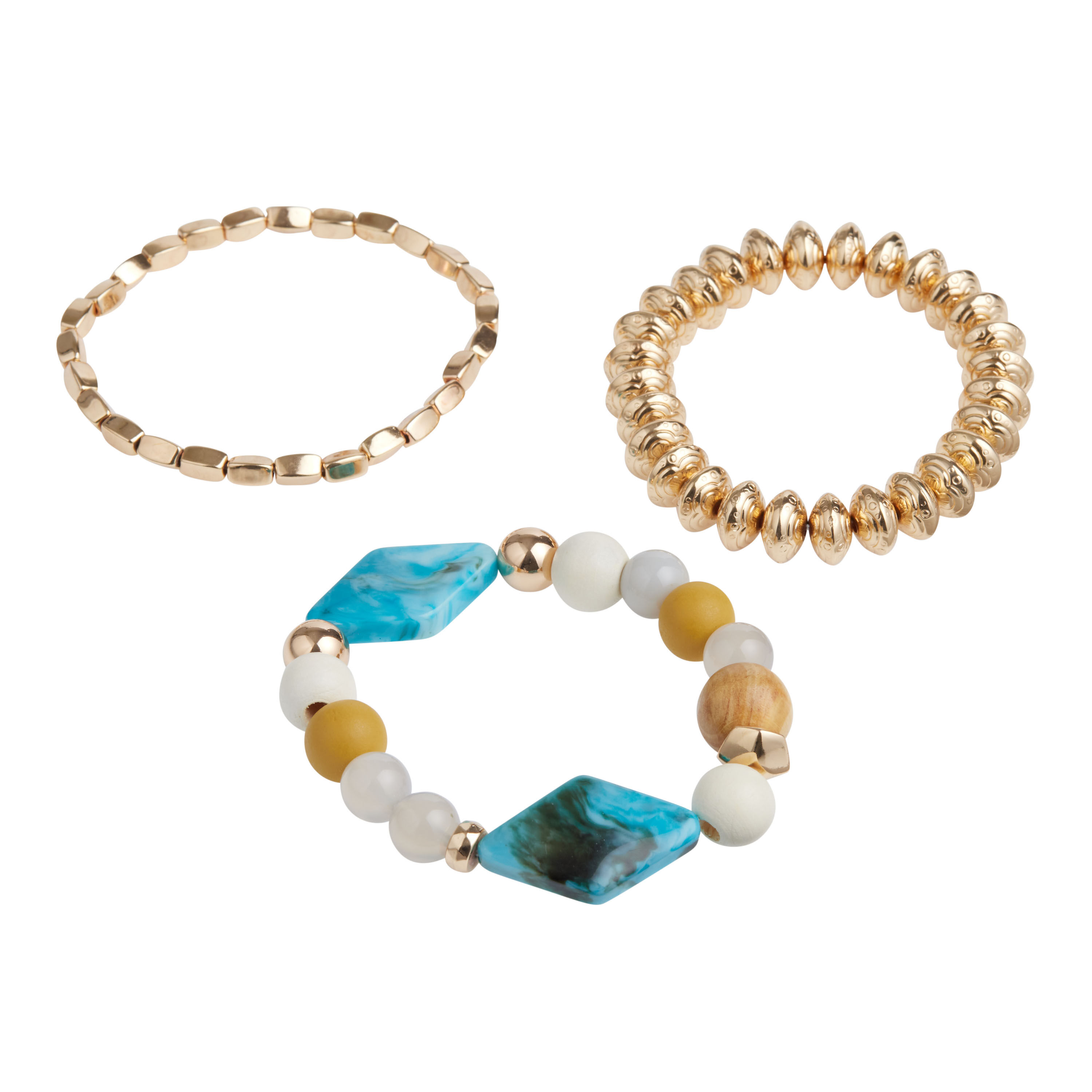 Gold And Teal Chunky Beaded Stretch Bracelets 3 Pack image number 1