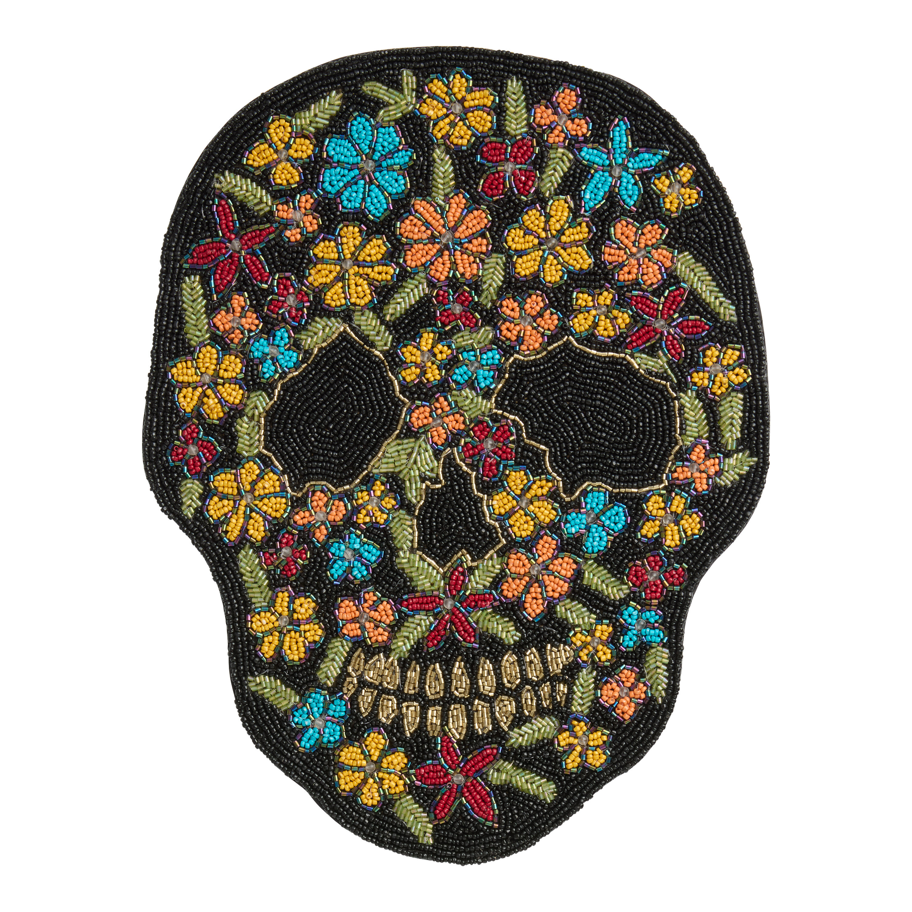 Black Multicolor Floral Sugar Skull Shaped Beaded Placemat image number 0