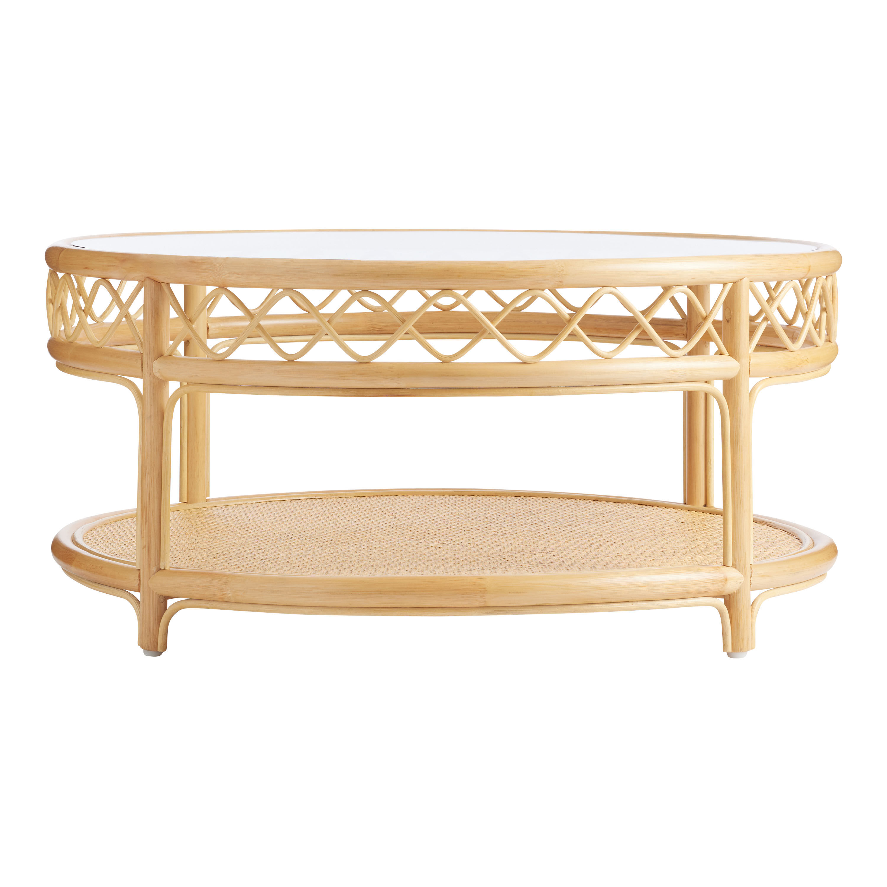 Janessa Honey Rattan Glass Top Coffee Table with Shelf World Market