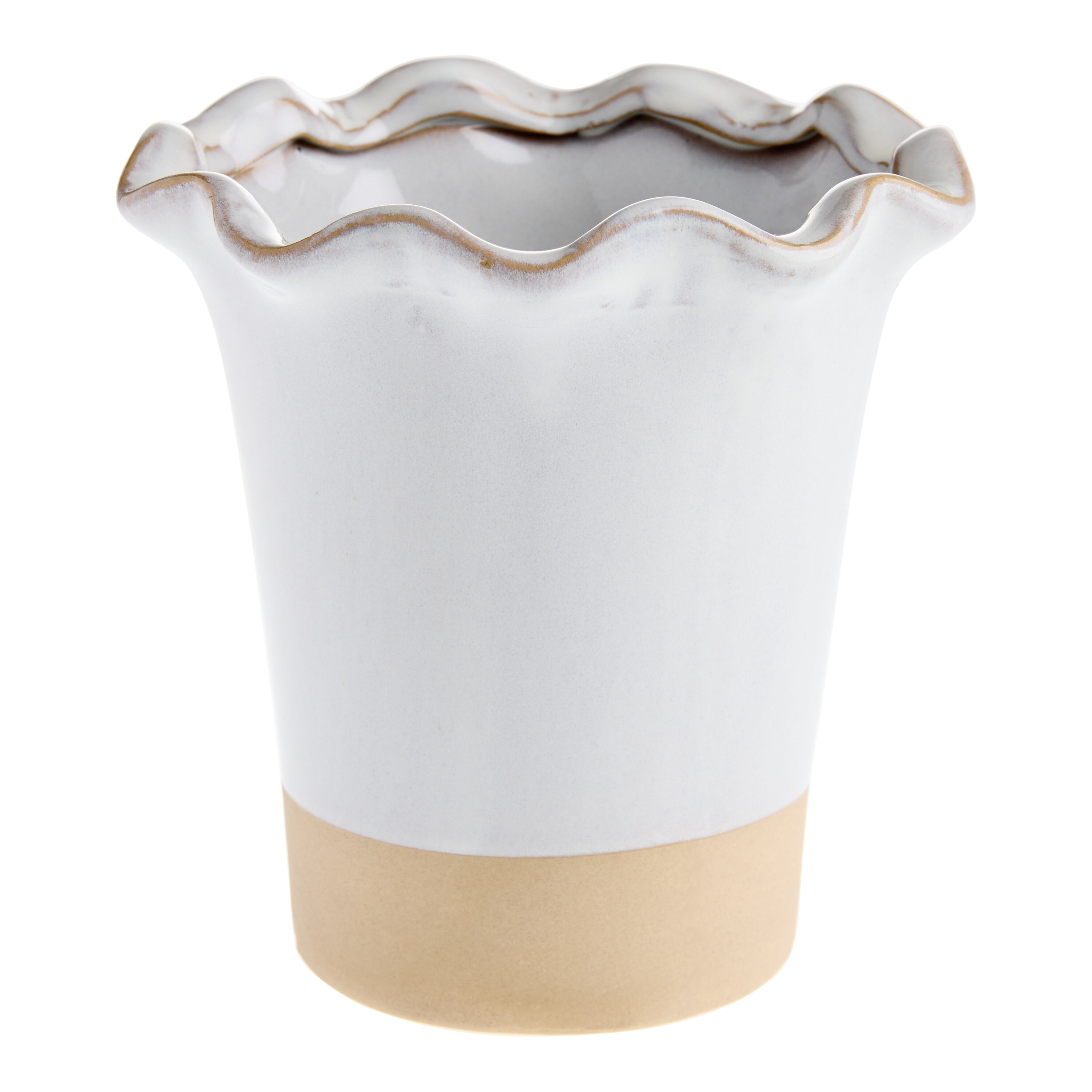 White and Tan Ceramic Ruffle Vase image number 0