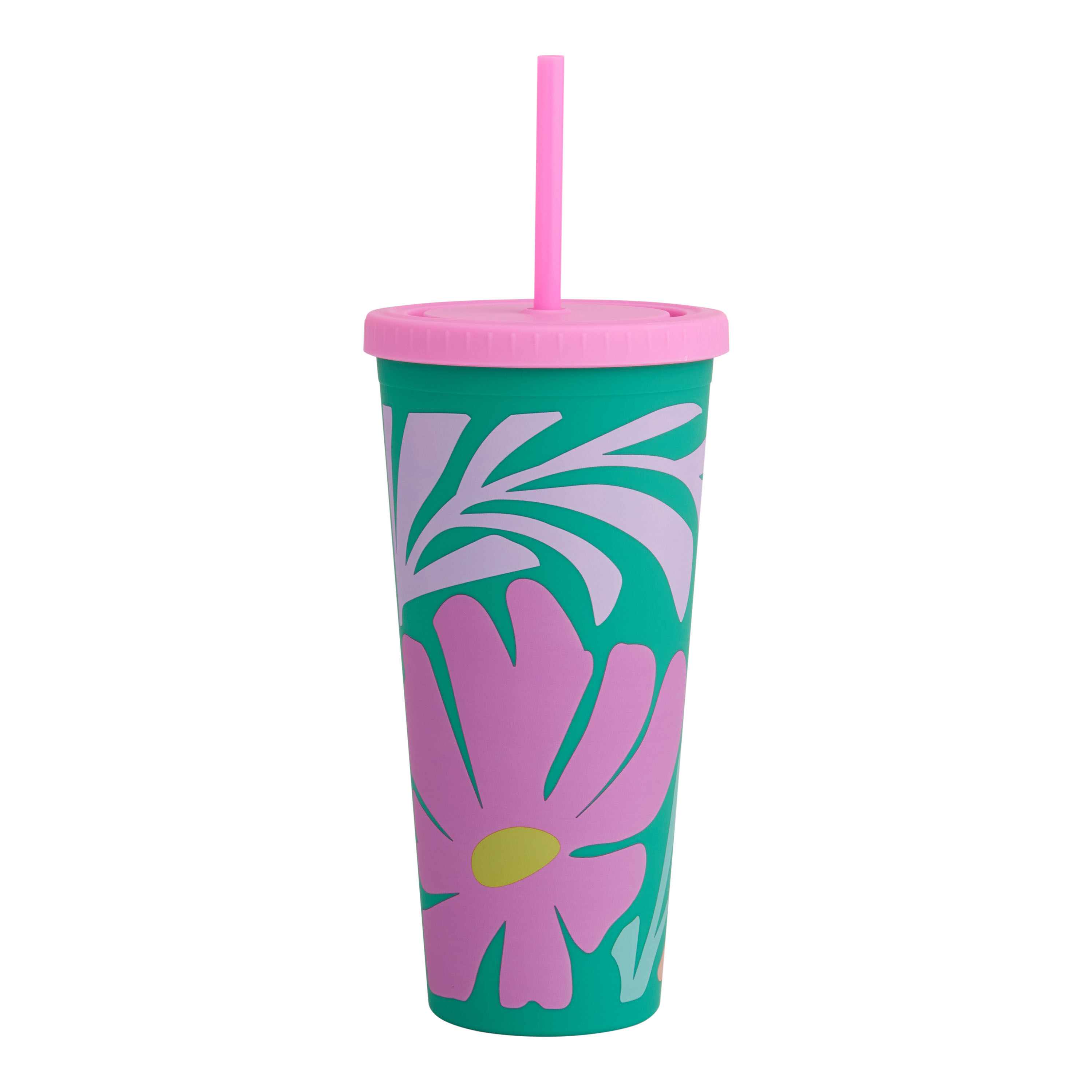 Teal Multicolor Flower Double Wall Cup With Straw image number 0