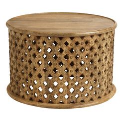 Round Aged Driftwood Carved Wood Lattice Coffee Table