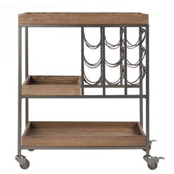 Wood and Faux Leather Strap Bar Cart with Wine Storage