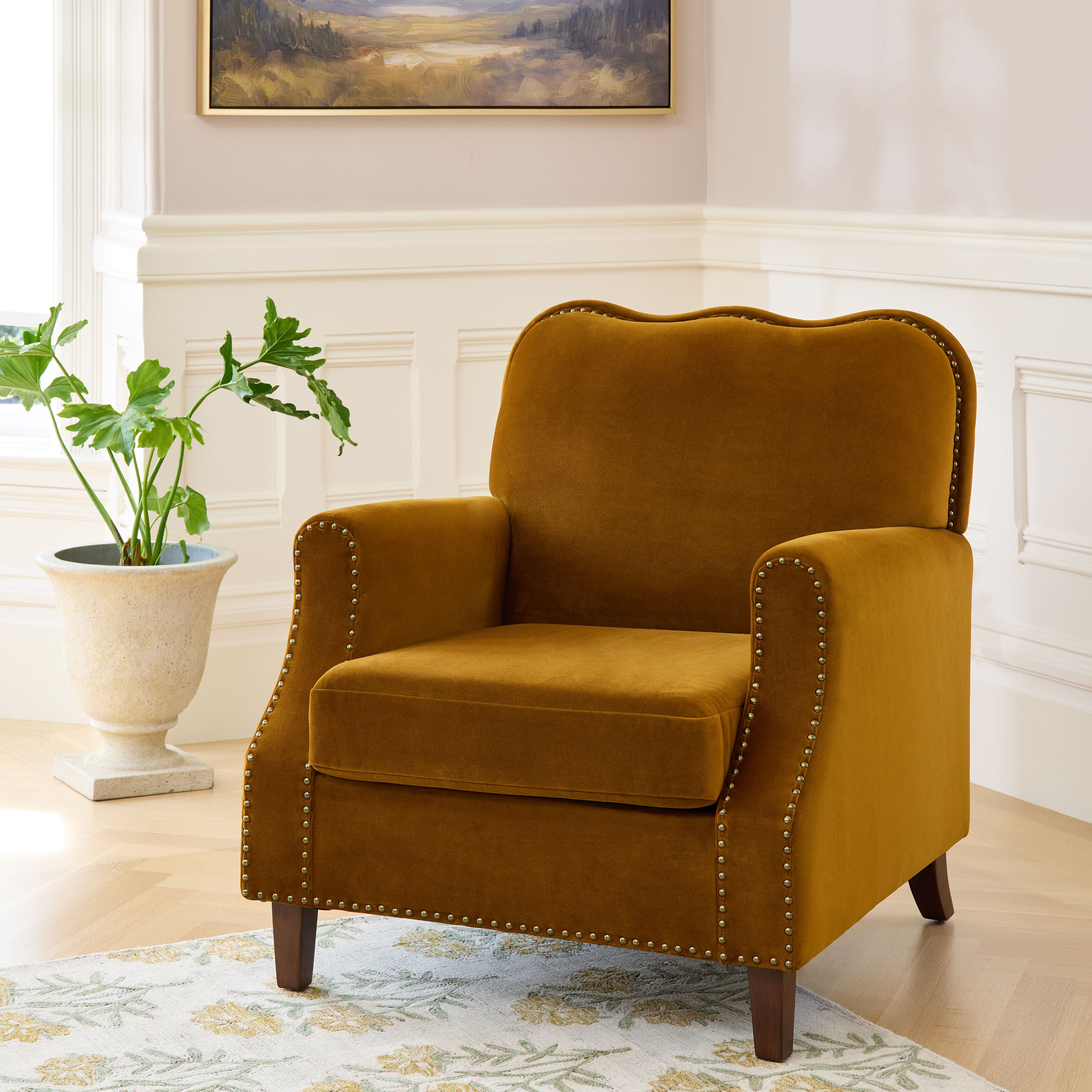 Bowers Velvet Scalloped Back Upholstered Club Chair