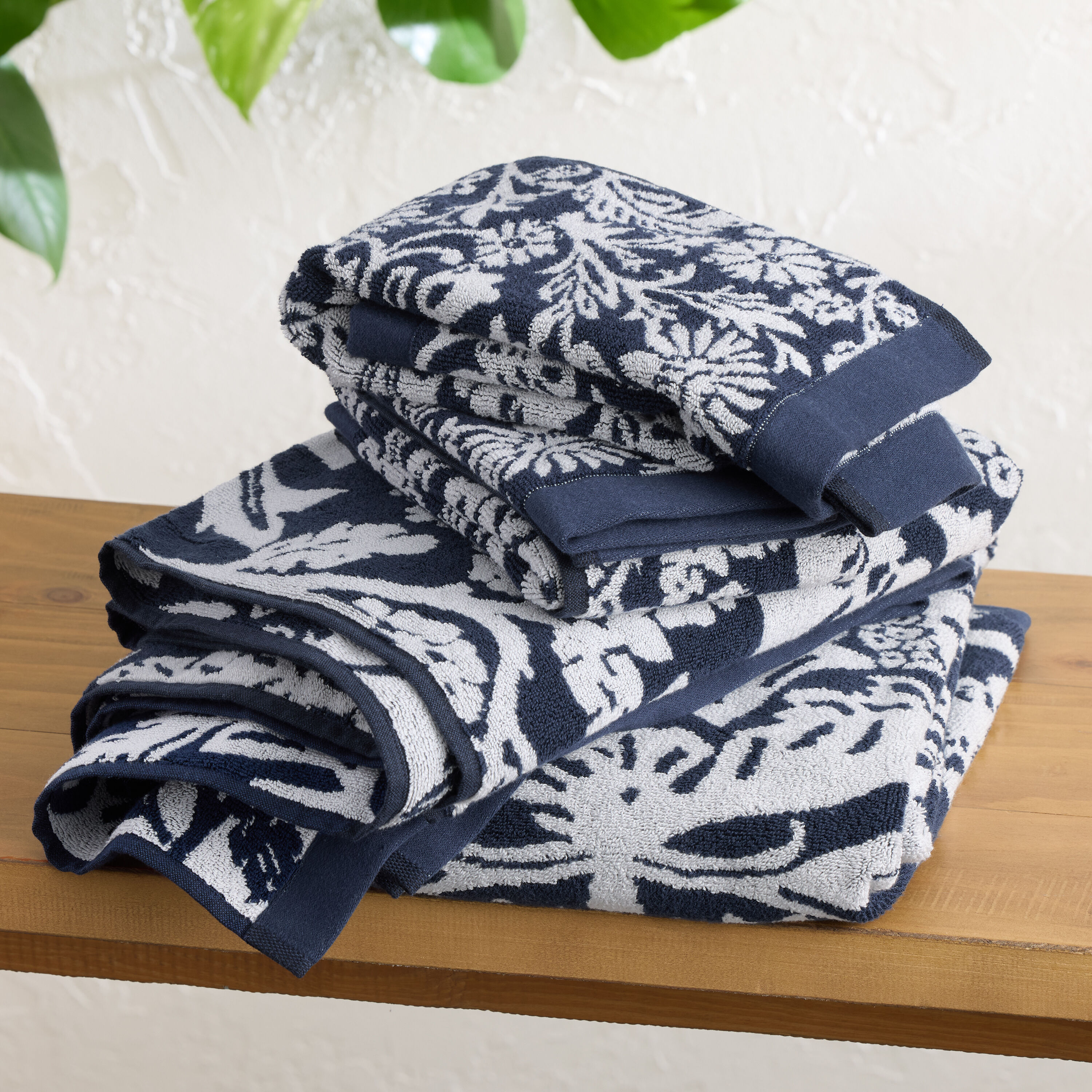 Nadia Navy Blue Floral Jacquard Bath Towel image number 1