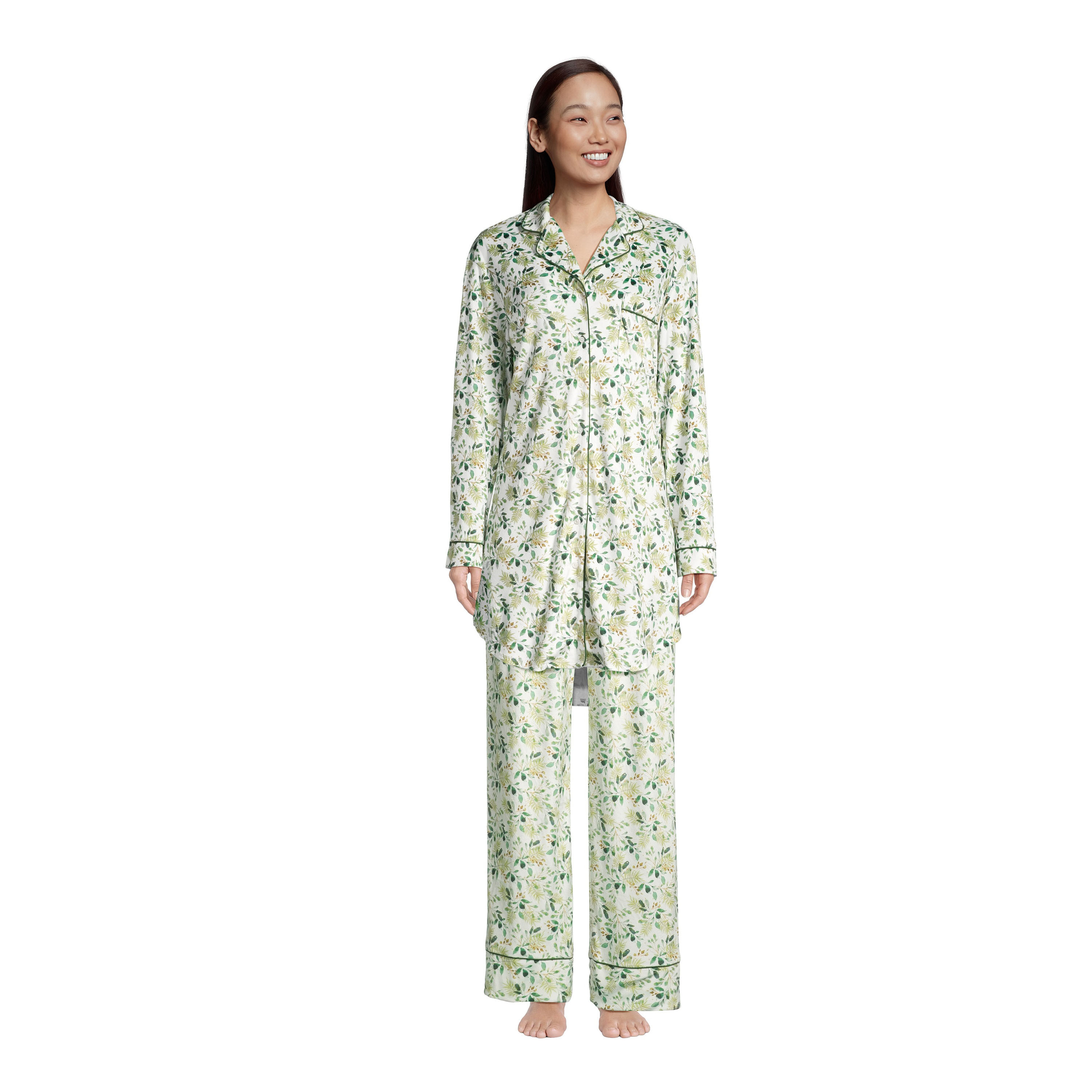 Green and White Watercolor Foliage Fleece Pajama Collection