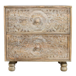 Burdett Natural Carved Wood End Table with 2 Drawers