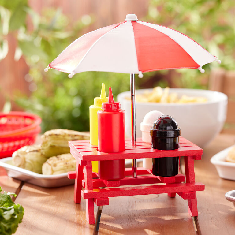 Mini Red Picnic Table with Umbrella BBQ Condiment Set