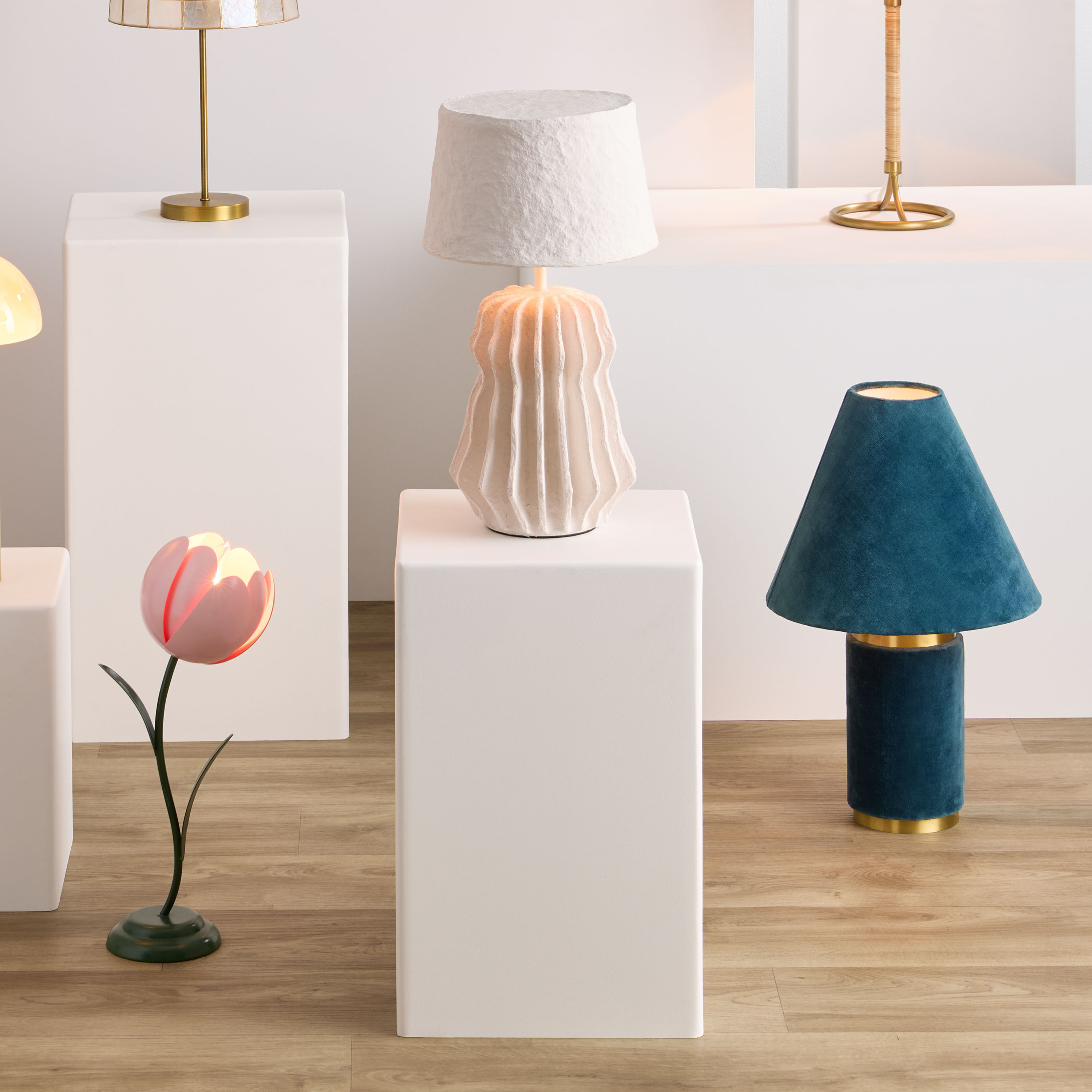 Blue Velvet and Brass Empire Shade Table Lamp