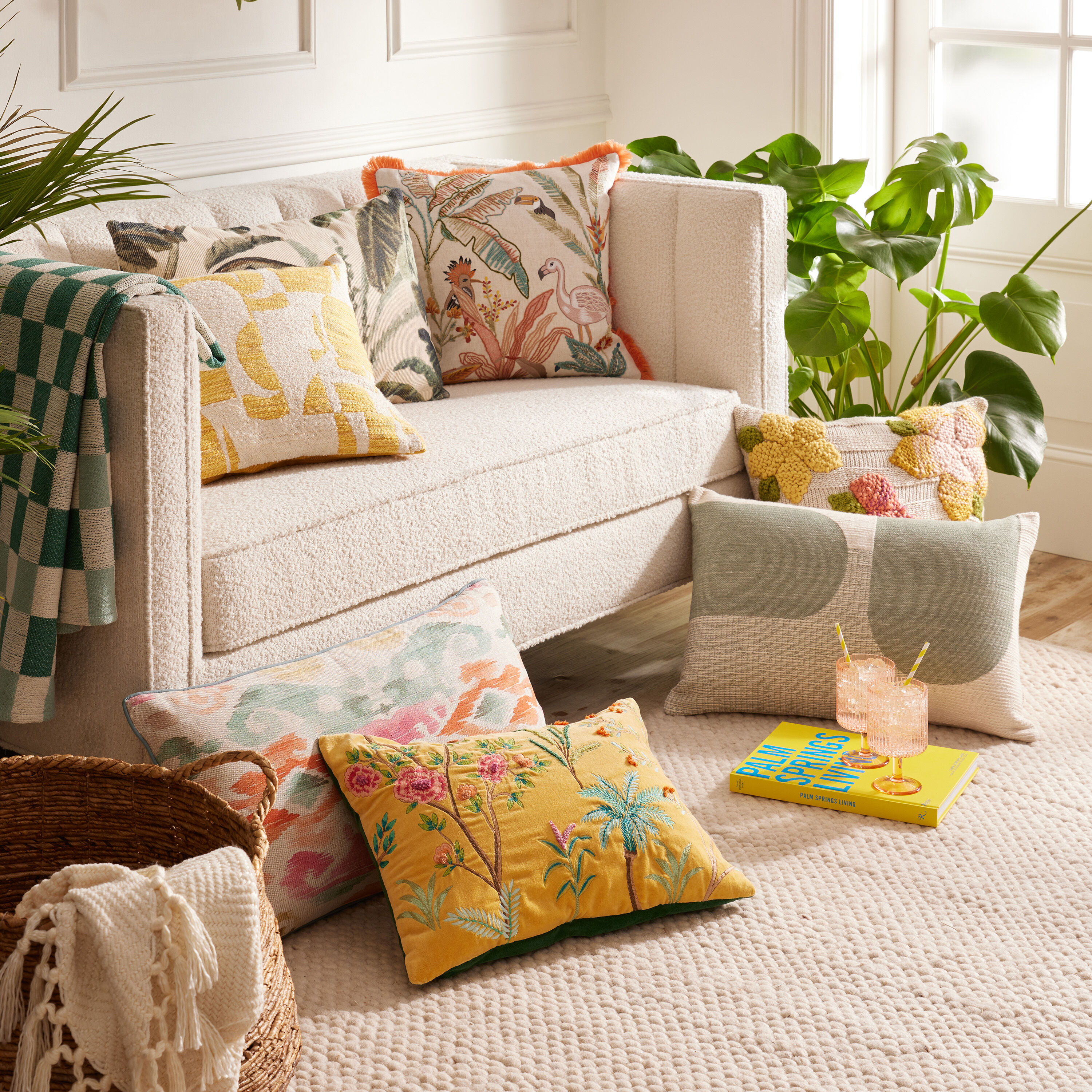 Ivory And Green Tropics Print Lumbar Pillow image number 1