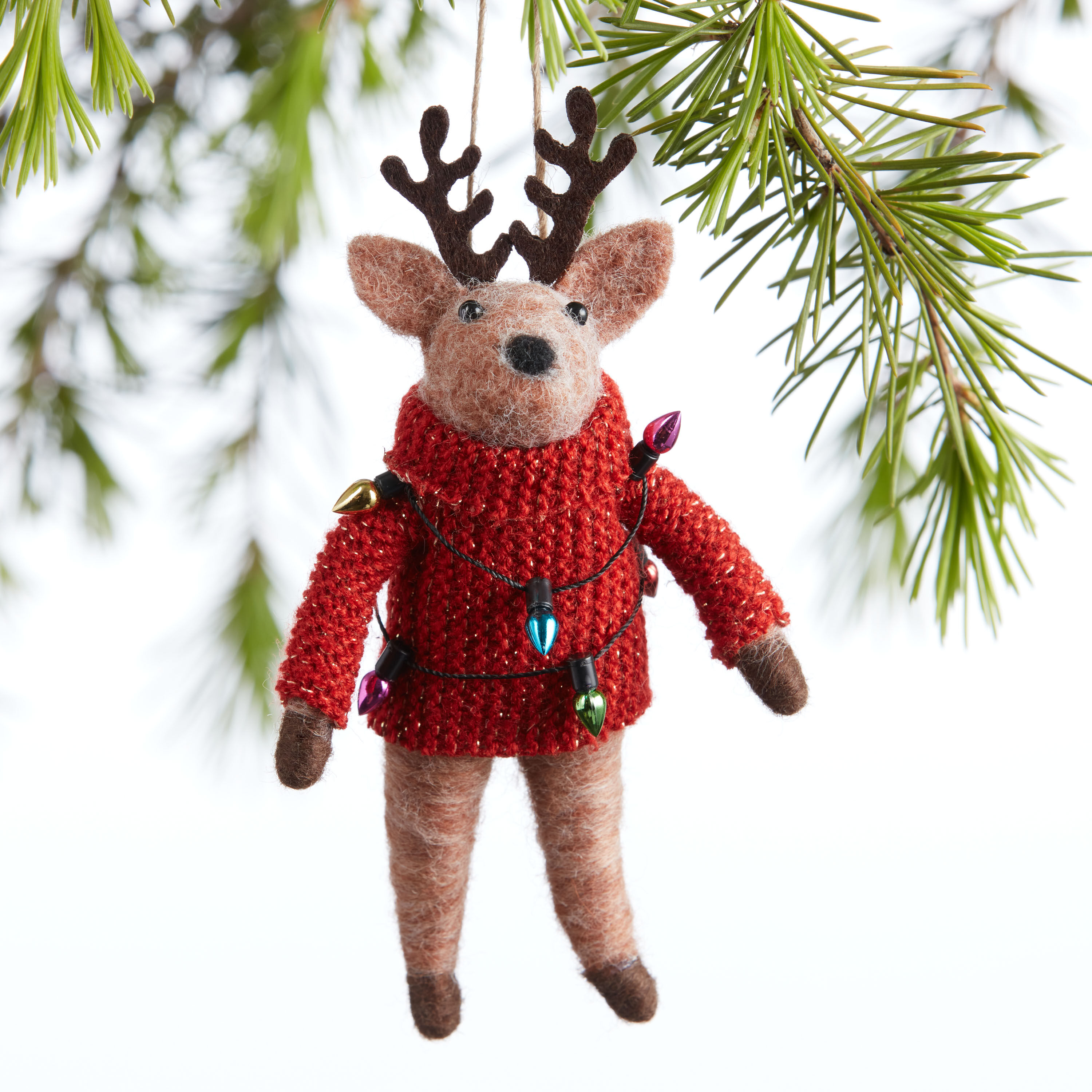 Felted Wool Deer With Christmas Lights Ornament image number 0