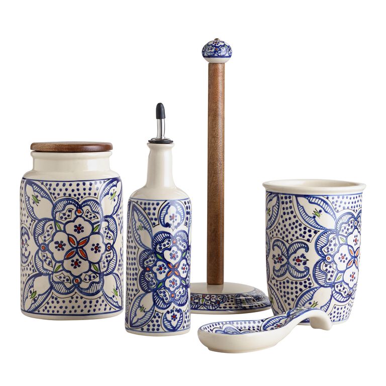 Tunis White and Blue Ceramic and Wood Paper Towel Holder by World Market