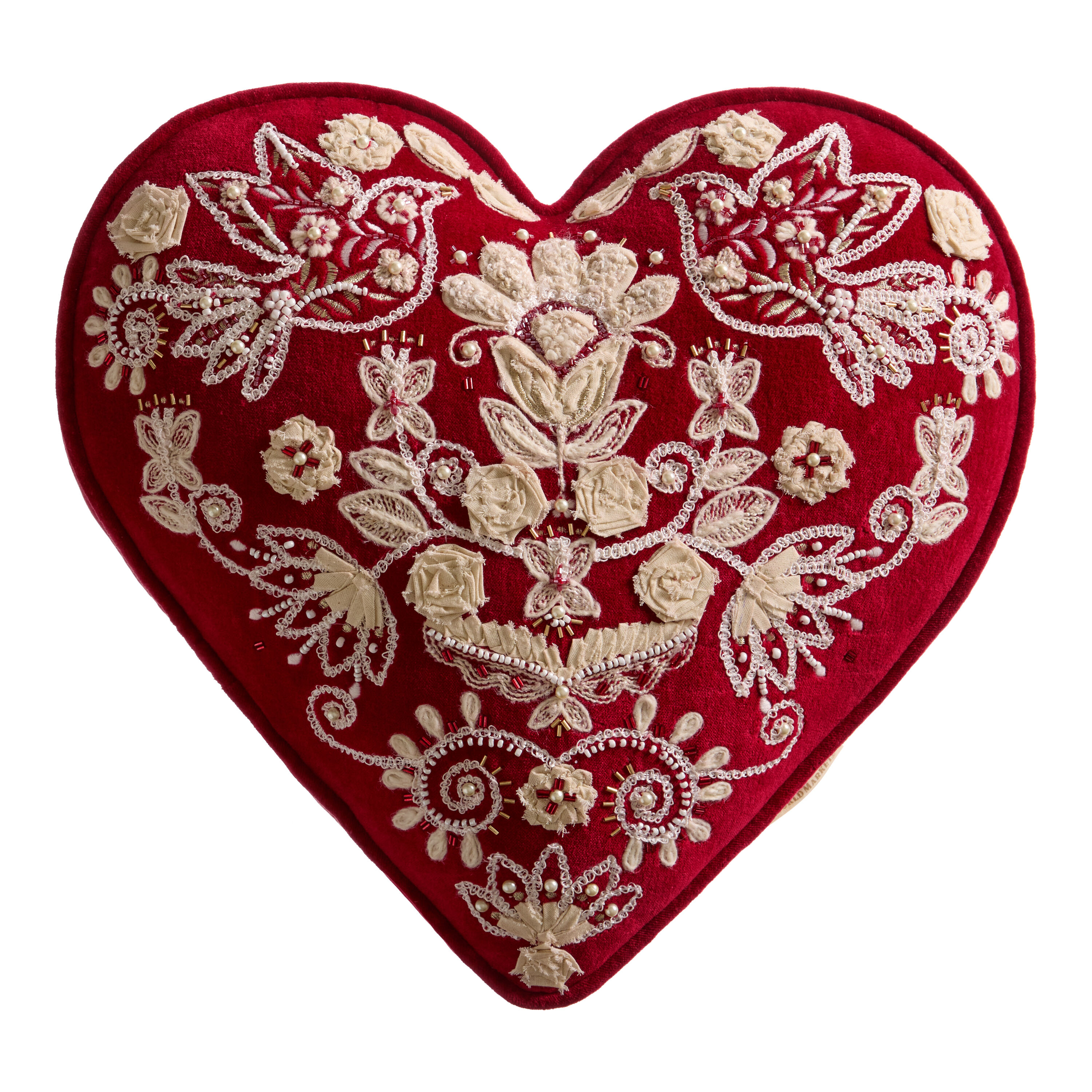 Red and White Scandi Embroidered Heart Shaped Pillow