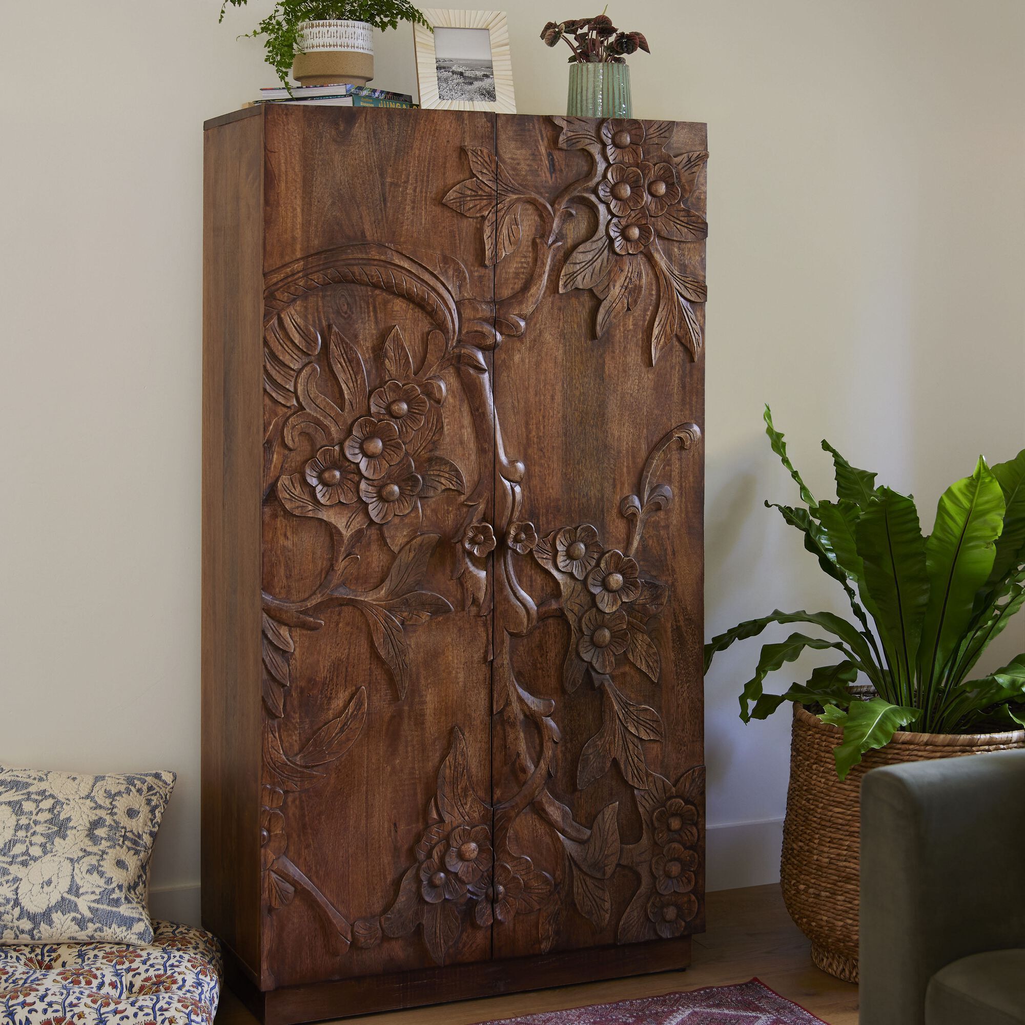 Carved wood shop storage cabinet