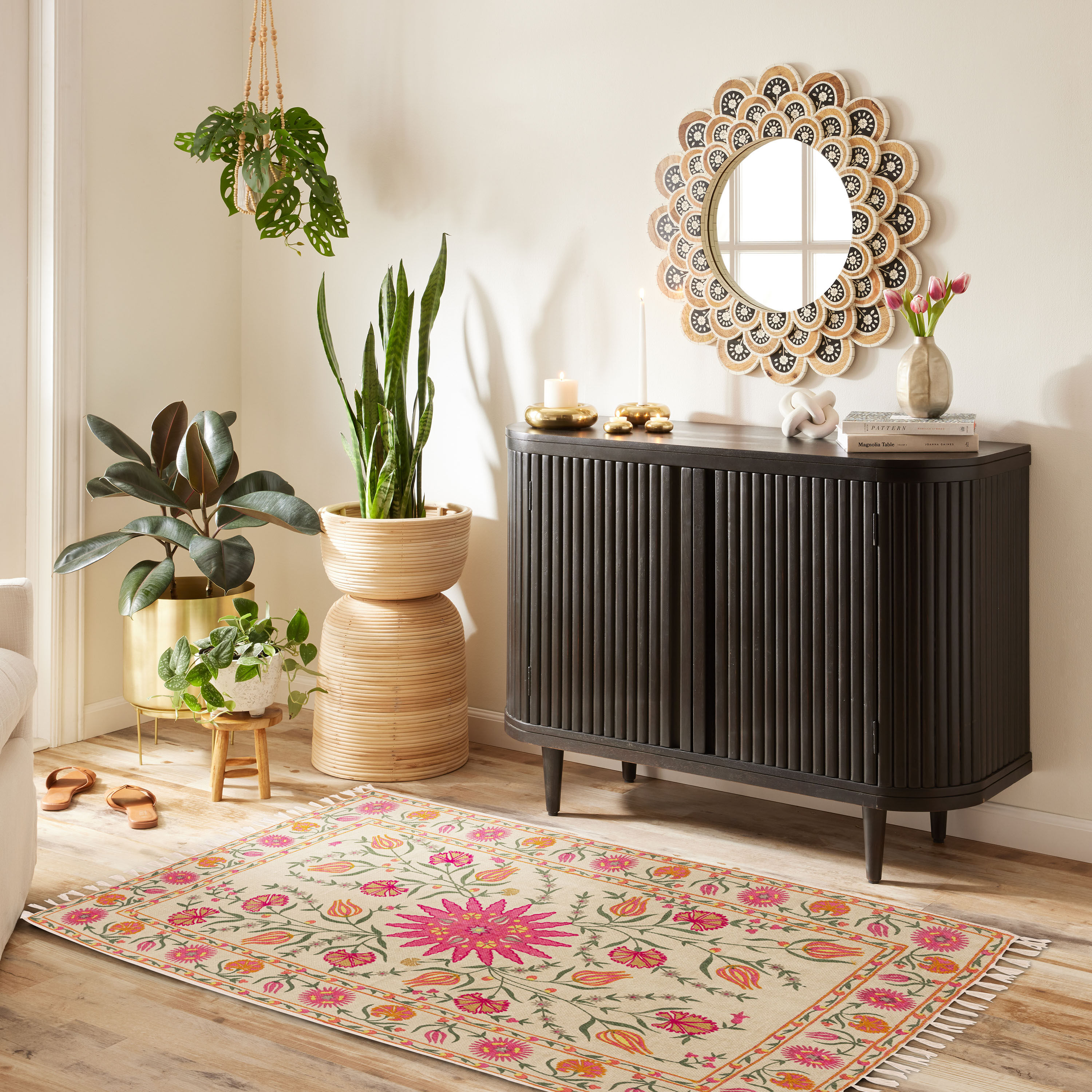 Botanica Warm Multicolor Floral Cotton Embroidered Area Rug image number 1