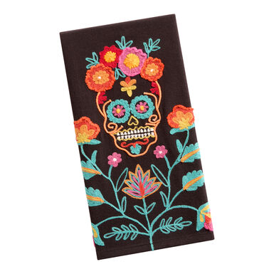 Black and Neon Floral Sugar Skull Embroidered Kitchen Towel Black and Neon Floral Sugar Skull Embroidered Kitchen Towel