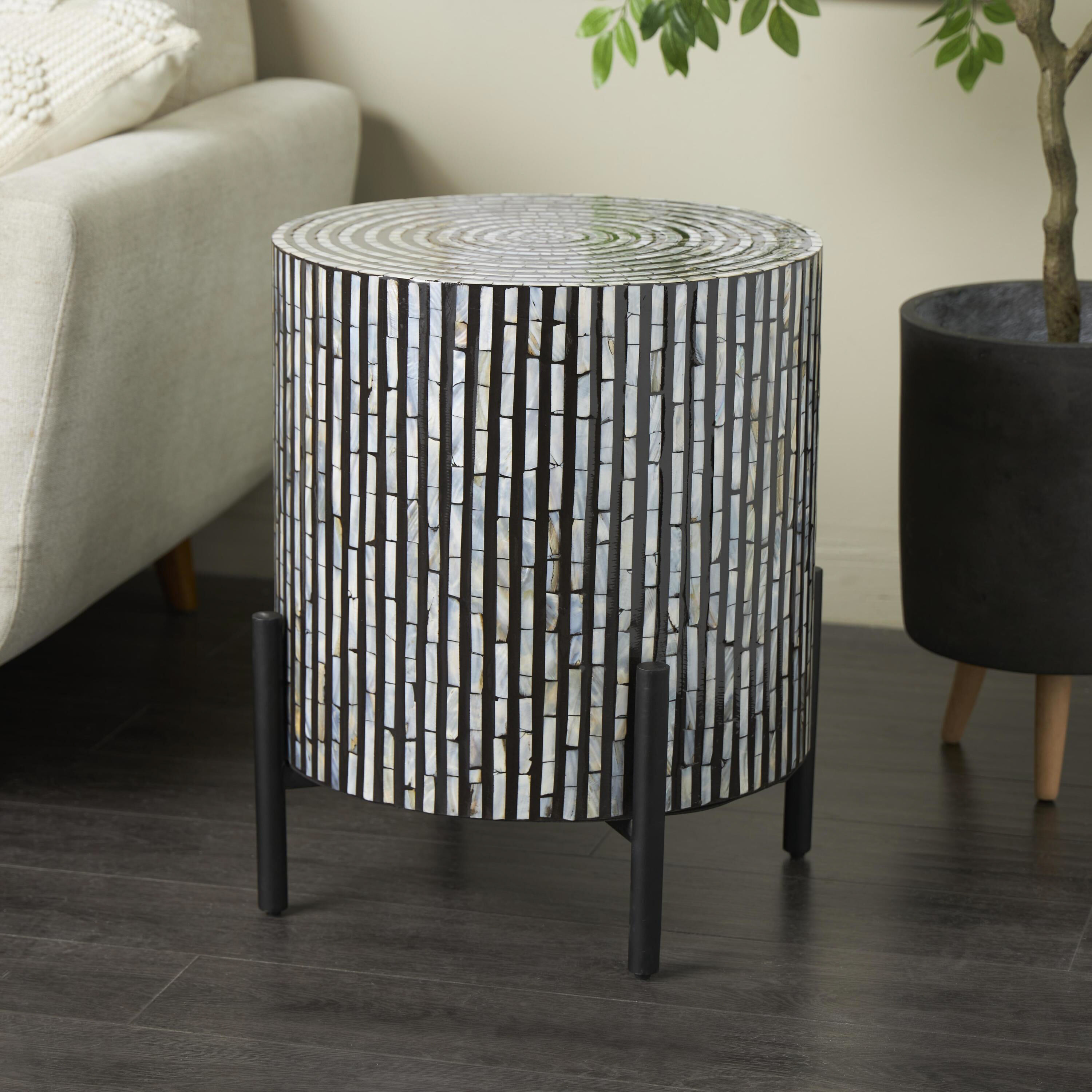 Calitang Round Silver Mother-of-Pearl Inlay Geo Side Table