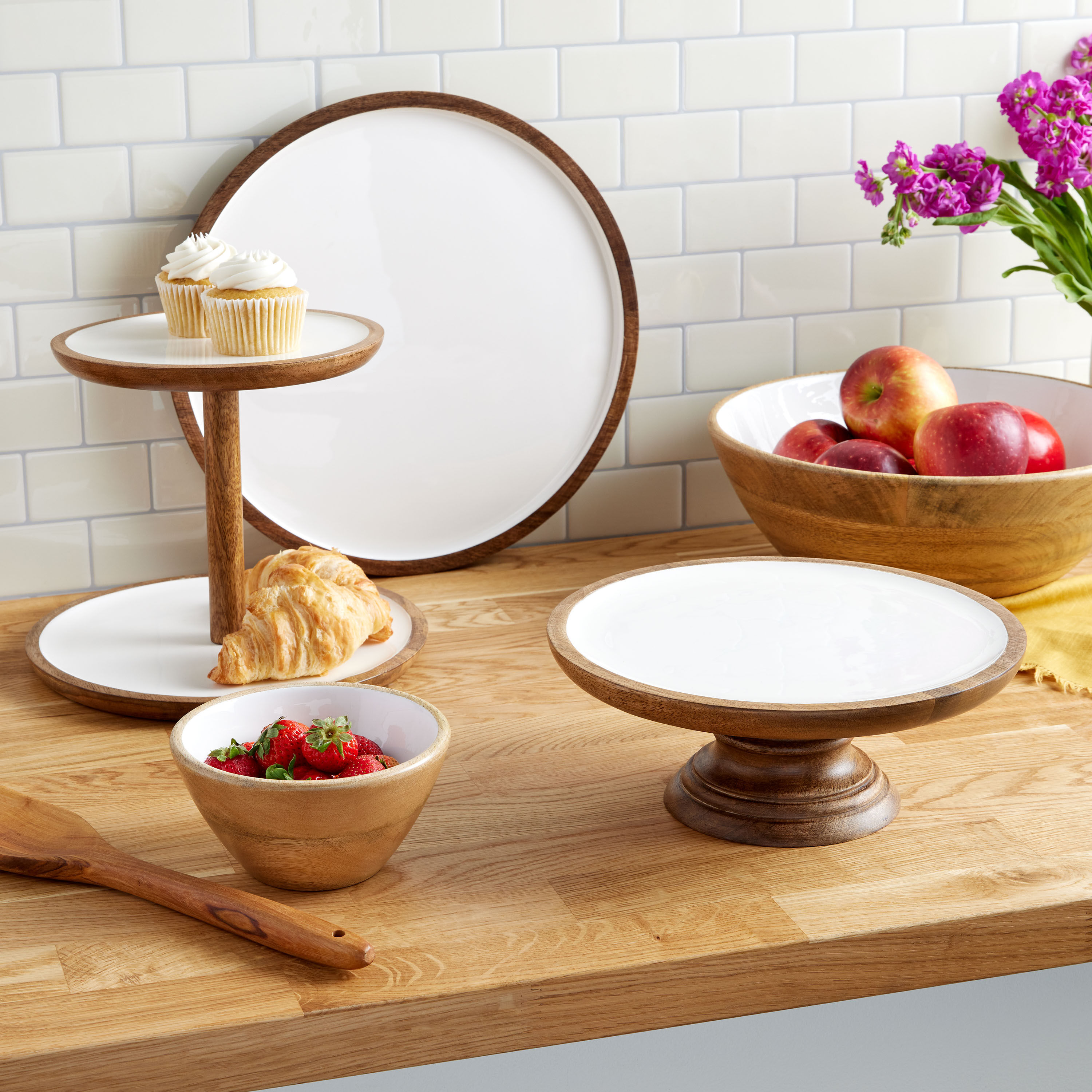 Large white outlet serving bowls