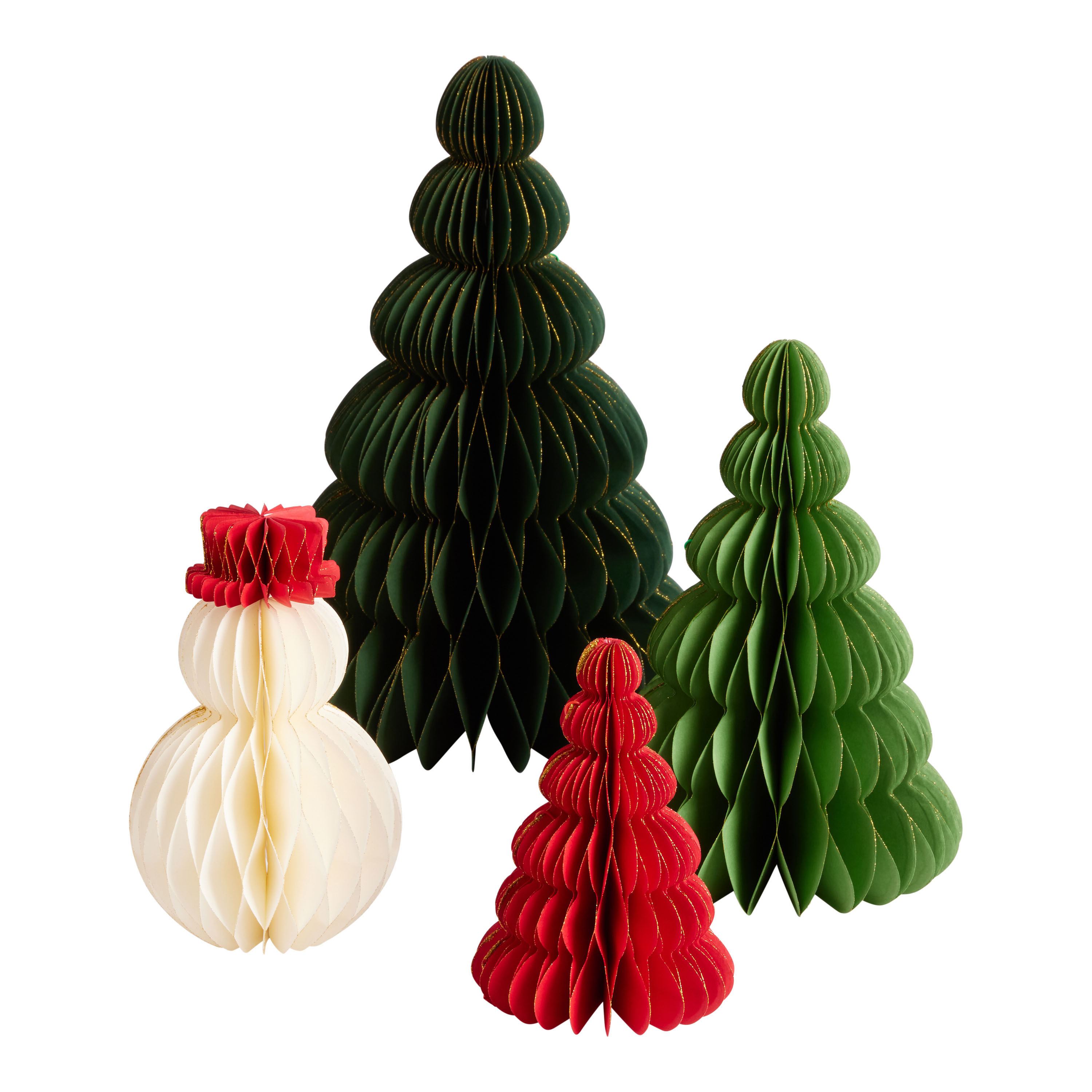 Honeycomb Tissue Holiday Trees and Snowman Decor 4 Pack image number 0