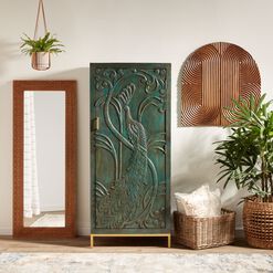 CRAFT Teal Carved Wood Peacock Storage Cabinet
