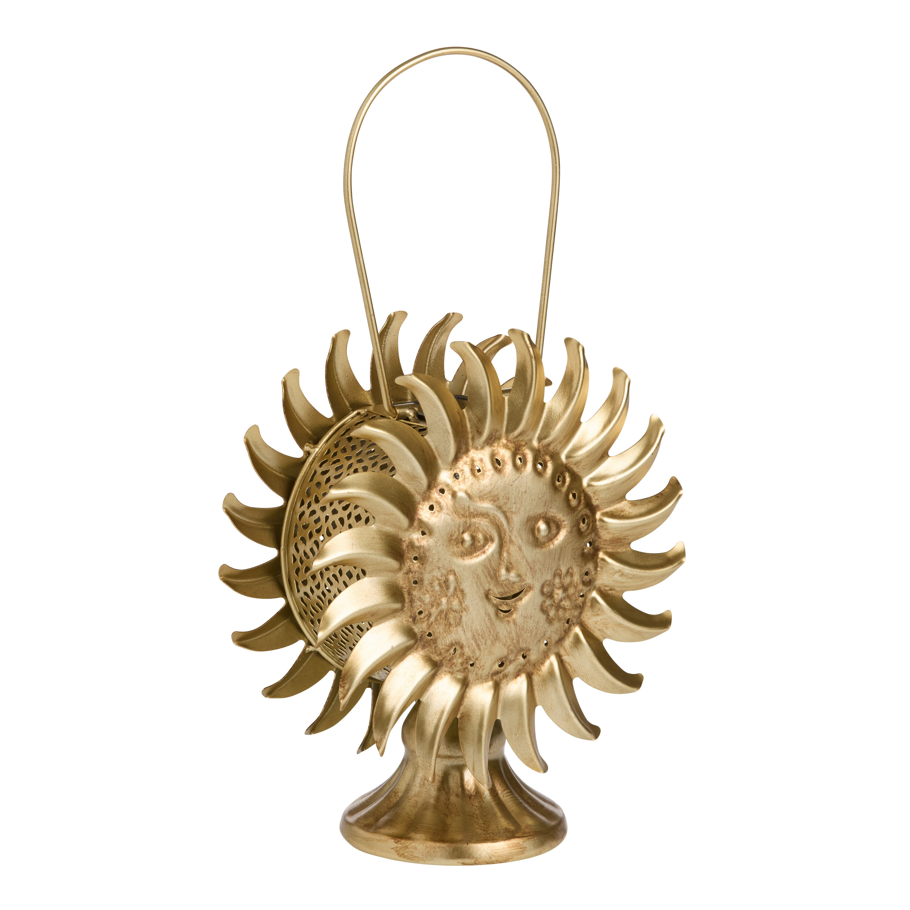 Antique Gold Punched Metal Figural Solar LED Lantern image number 1