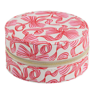Round Red and Pink Faux Leather Bow Travel Jewelry Box Round Red and Pink Faux Leather Bow Travel Jewelry Box