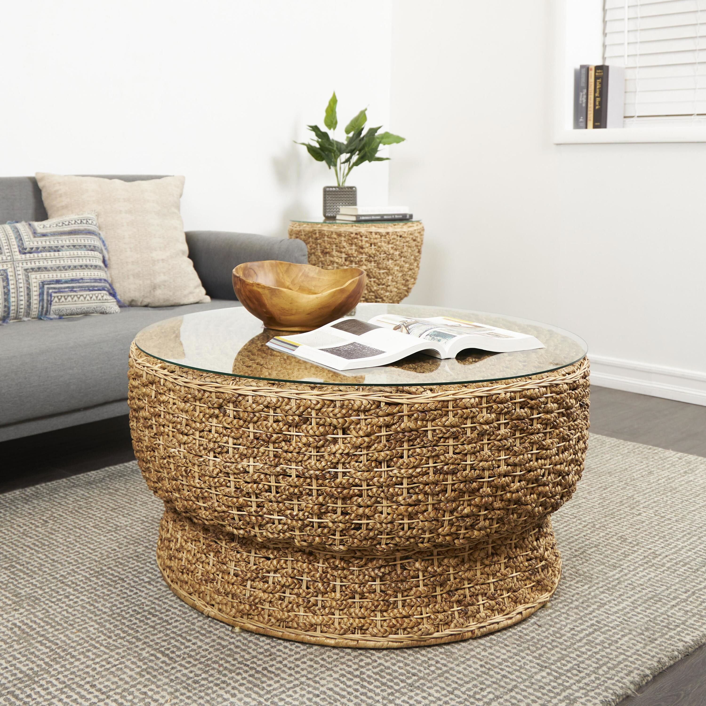 Yuscaran Round Natural Rattan and Glass Top Coffee Table by World Market