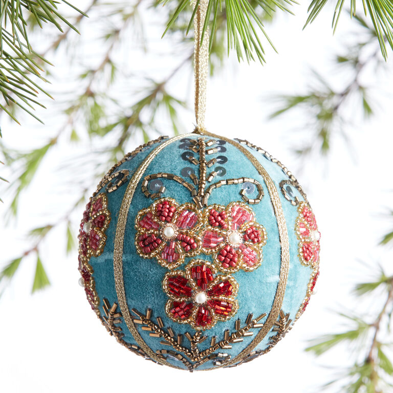 Beaded Floral Velvet Ball Ornament