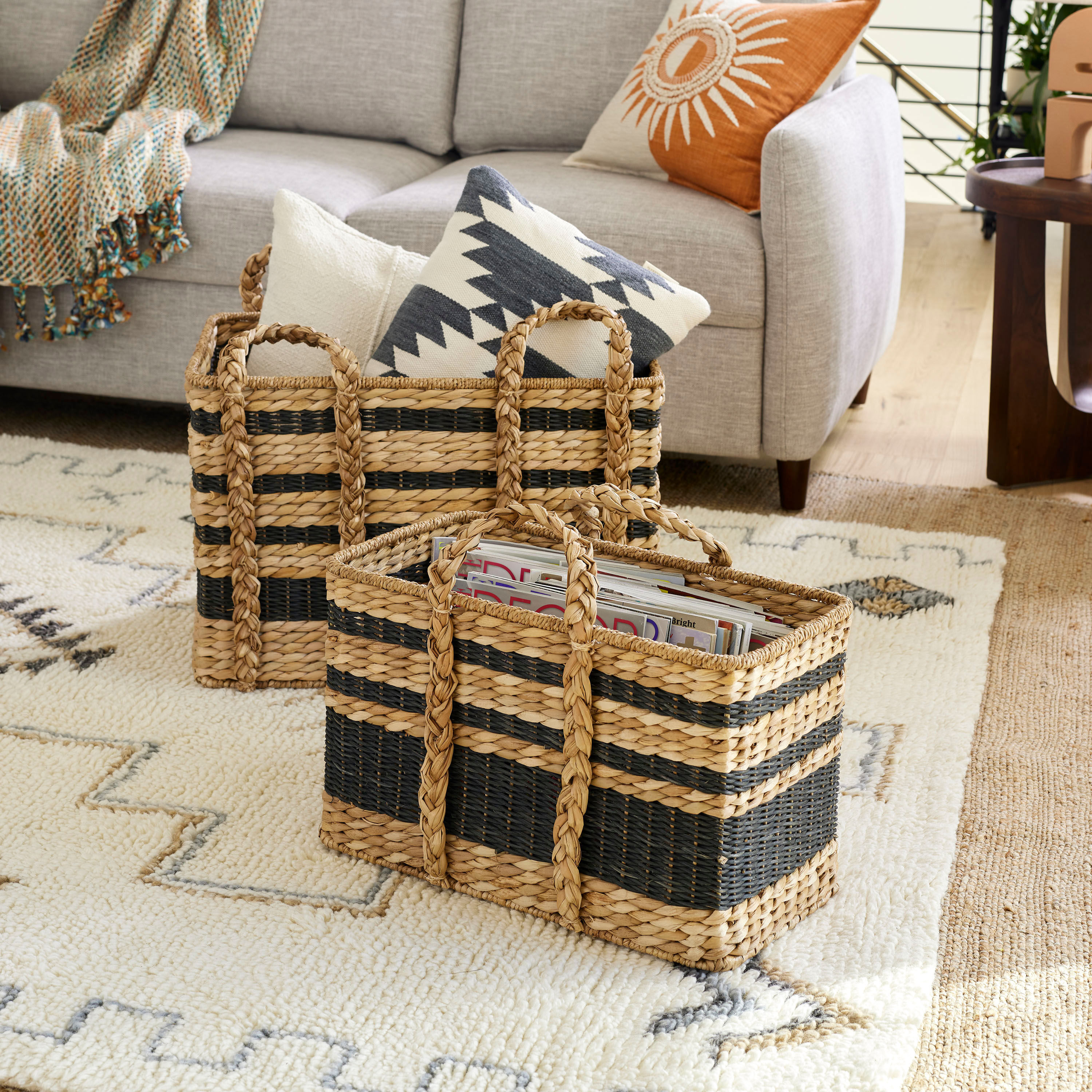 Dita Rectangular Black And Natural Striped Woven Basket World Market
