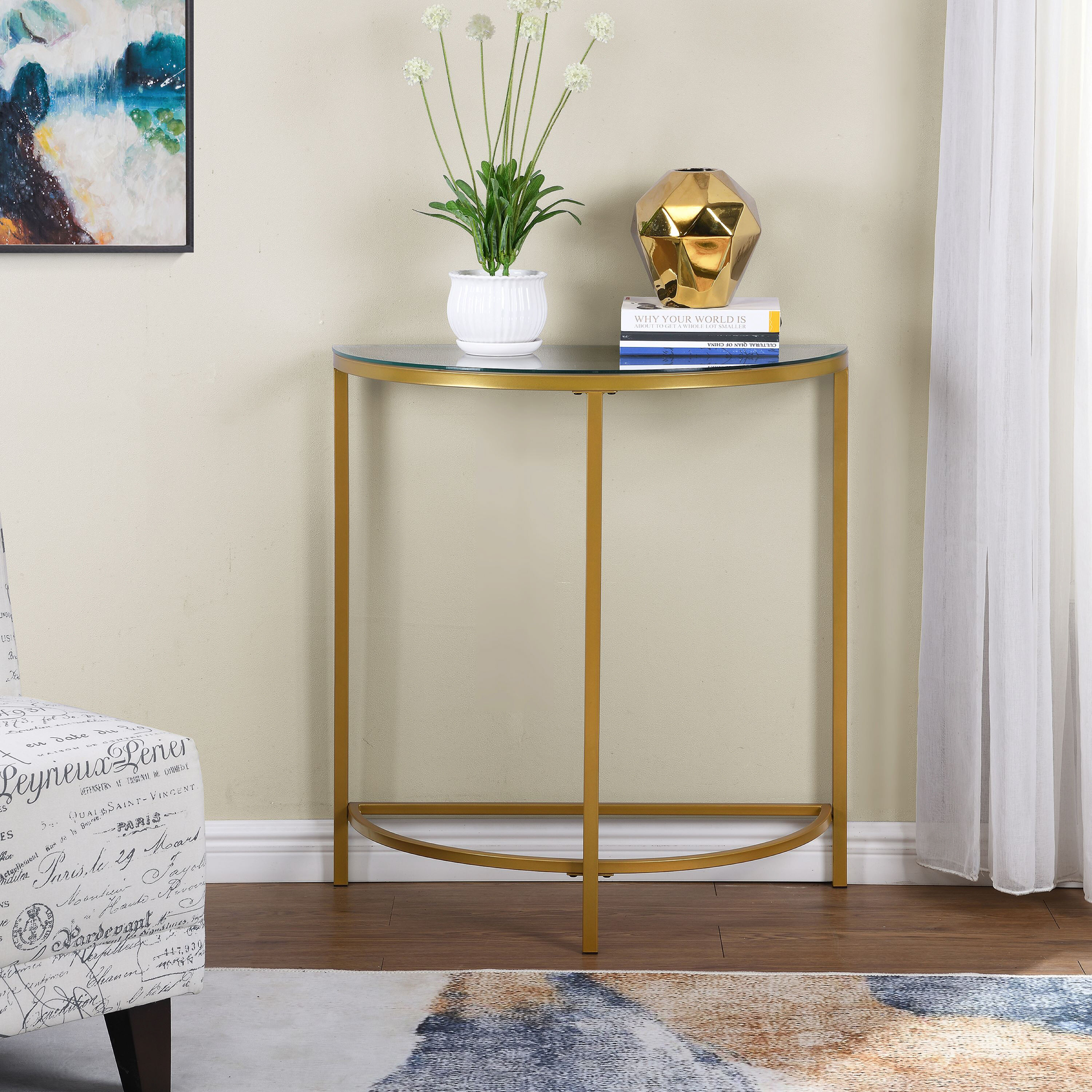 Glass top half best sale moon console table