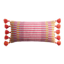 Fuchsia Multi Stripe Fringe Indoor Outdoor Lumbar Pillow
