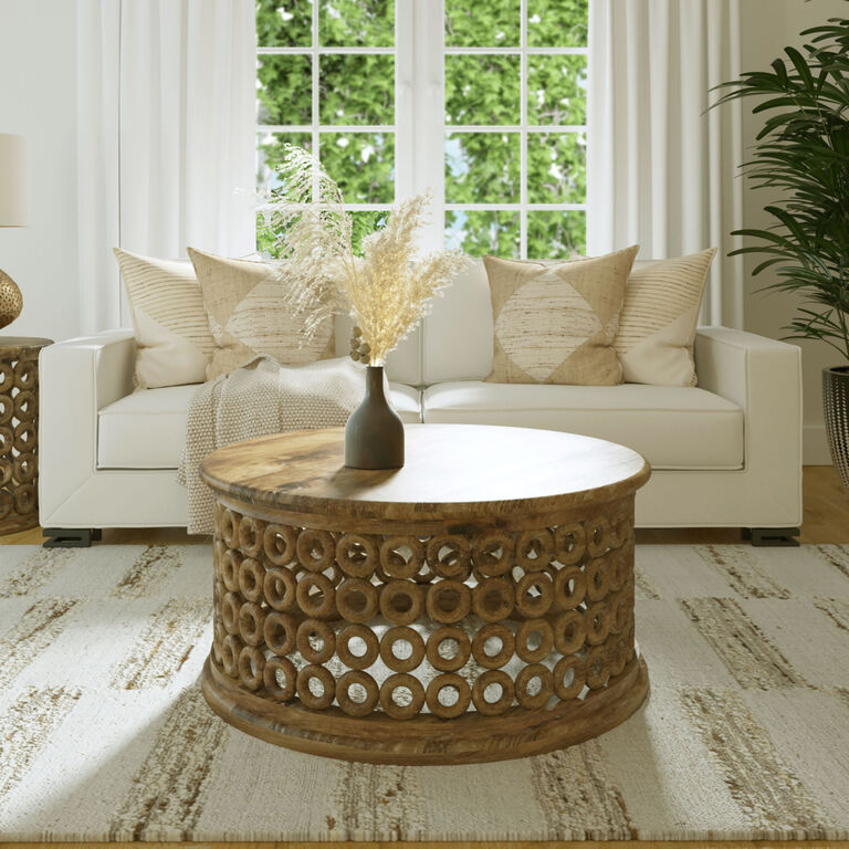 Seething Round Brown Carved Wood Circle Coffee Table image number 2