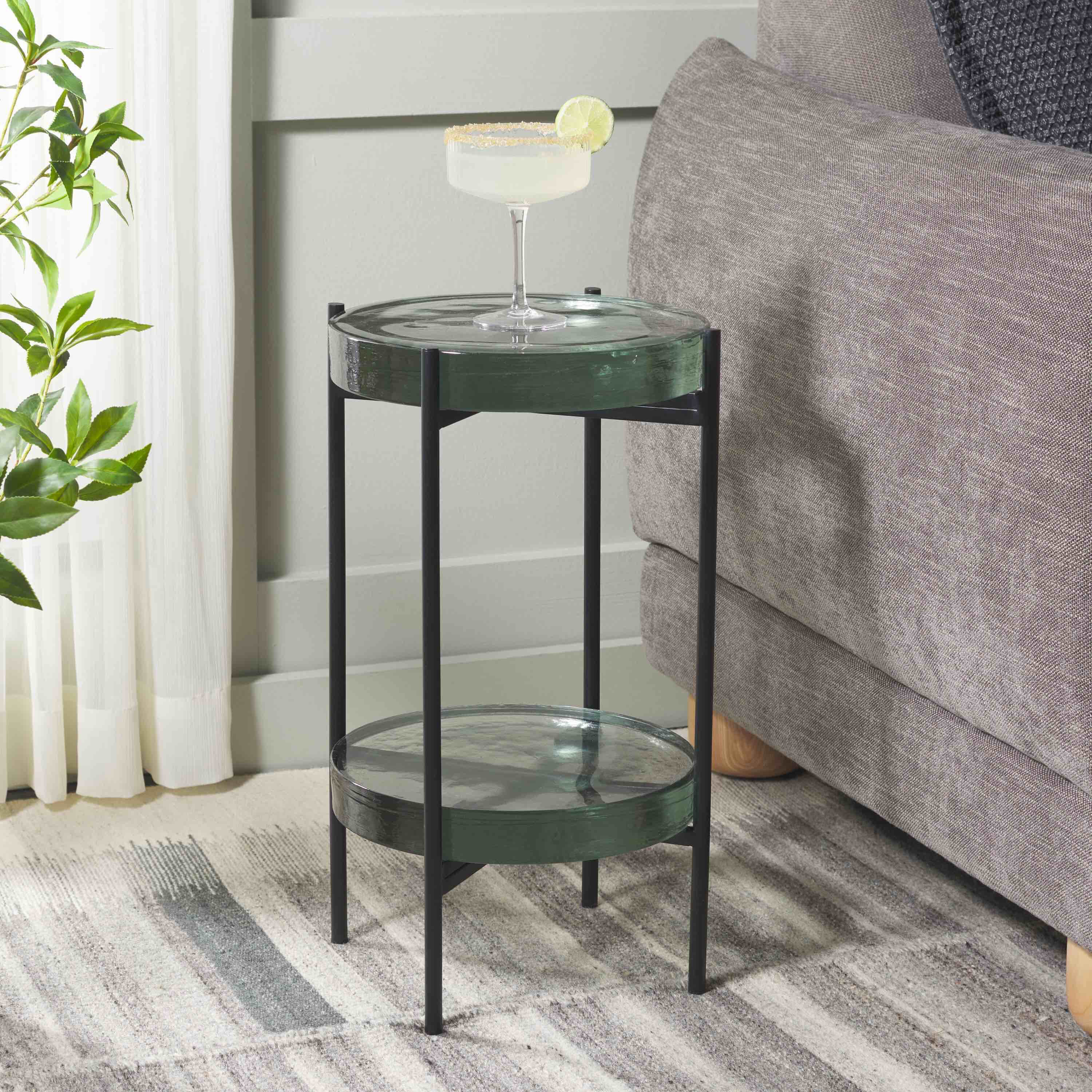 Charlotte Round Glass Slab and Black Metal Side Table with Shelf