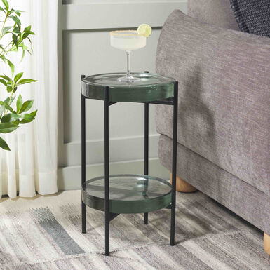 Charlotte Round Glass Slab and Black Metal Side Table with Shelf Charlotte Round Glass Slab and Black Metal Side Table with Shelf