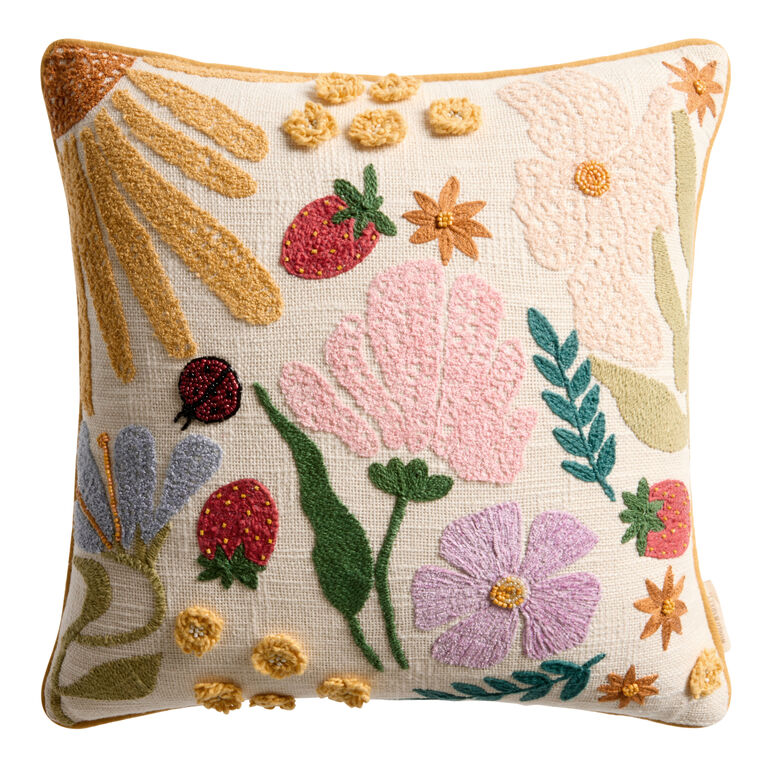 Spring Botanical Embroidered Beaded Throw Pillow image number 1
