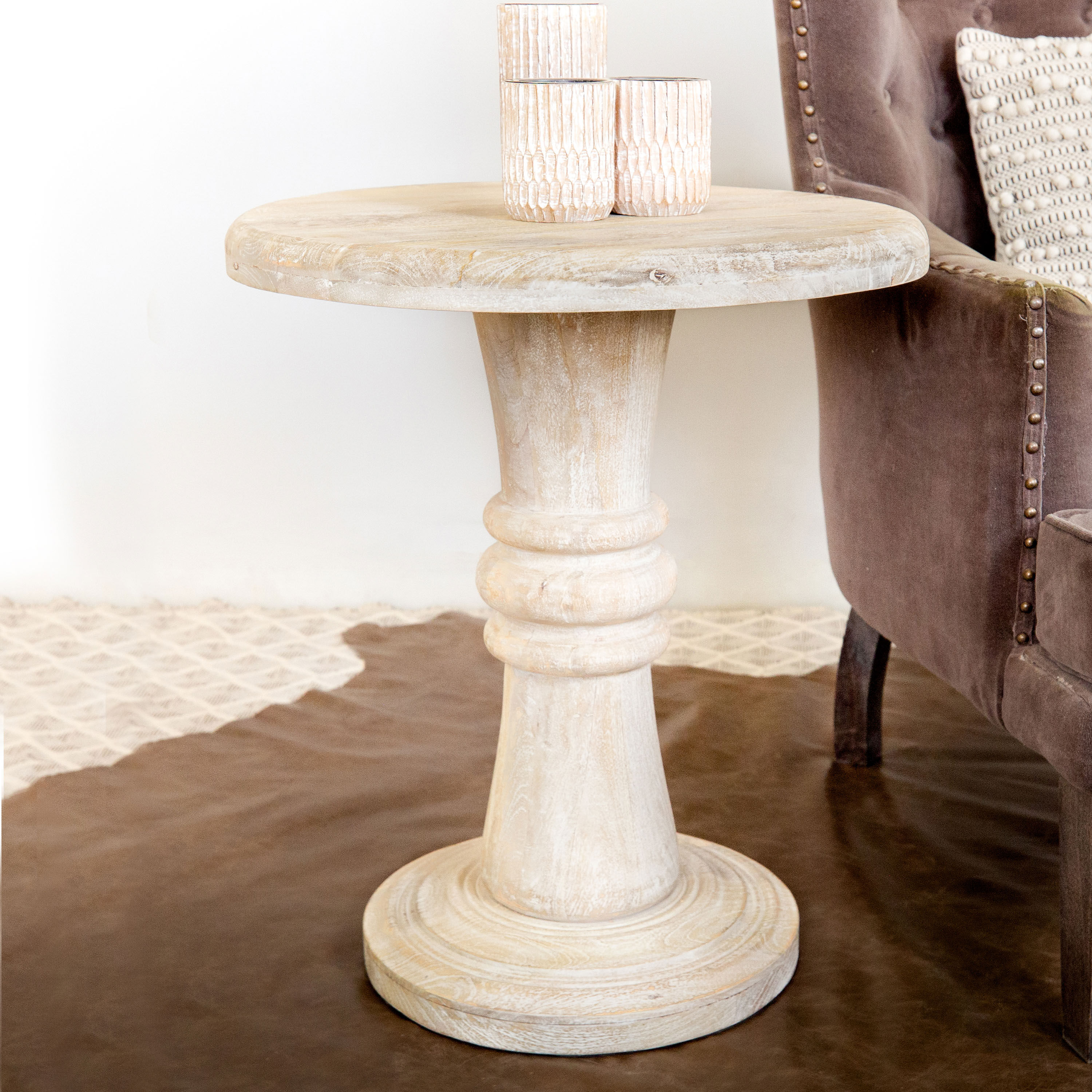 Birchin Round Natural Mango Wood Pedestal Side Table image number 1