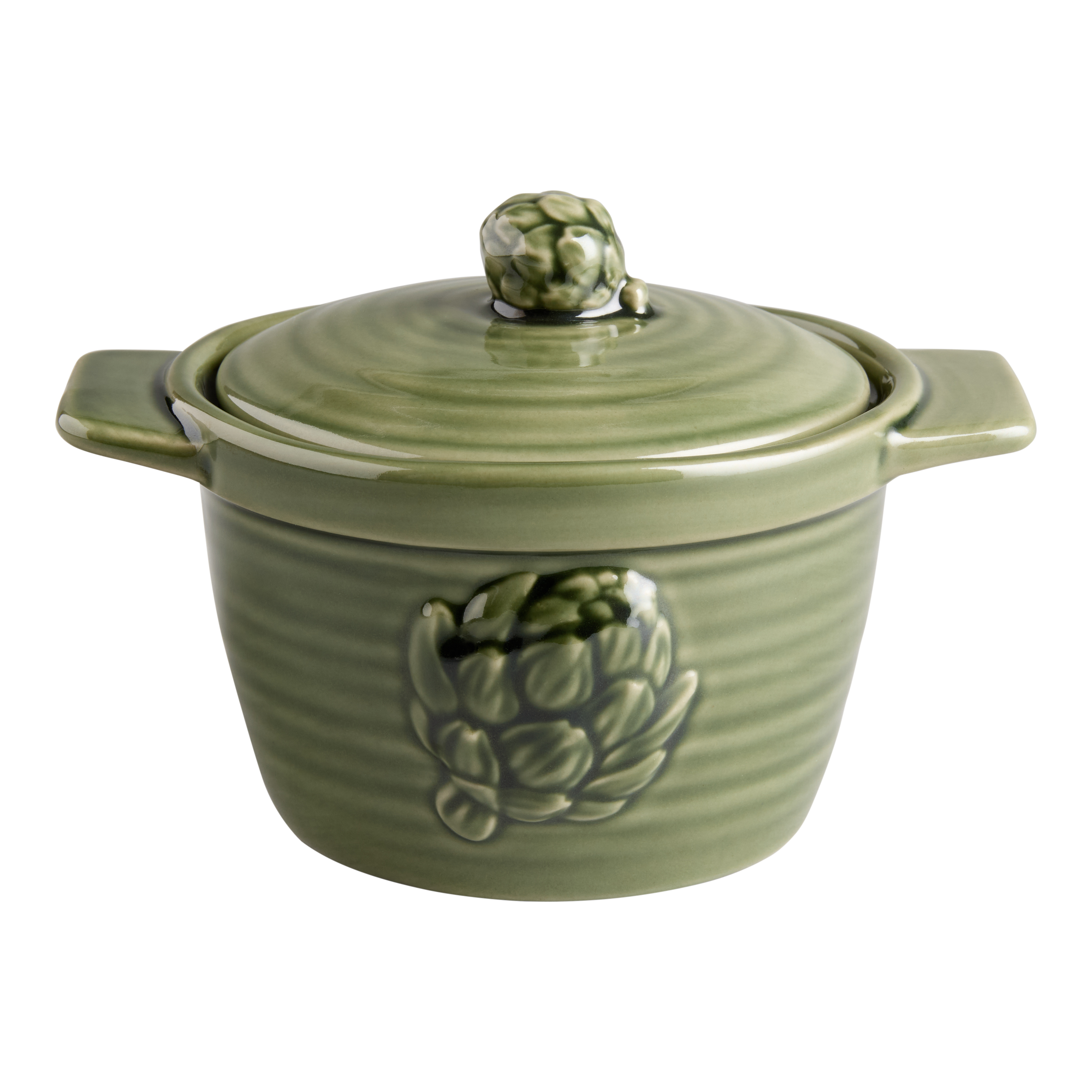Dark Green Ceramic Embossed Artichoke Cocotte with Lid - World Market