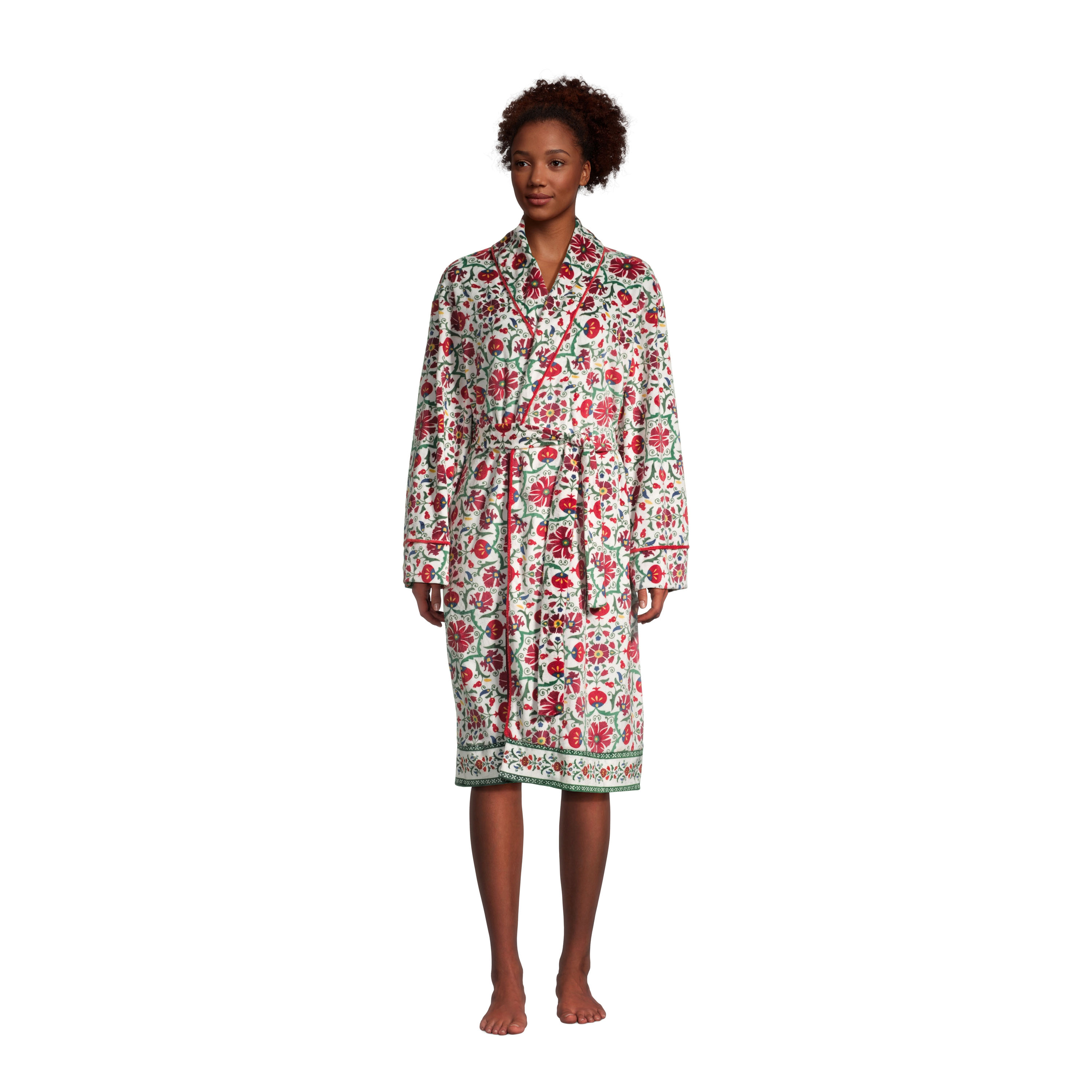 Red and Green Fleece Suzani Floral Robe - World Market