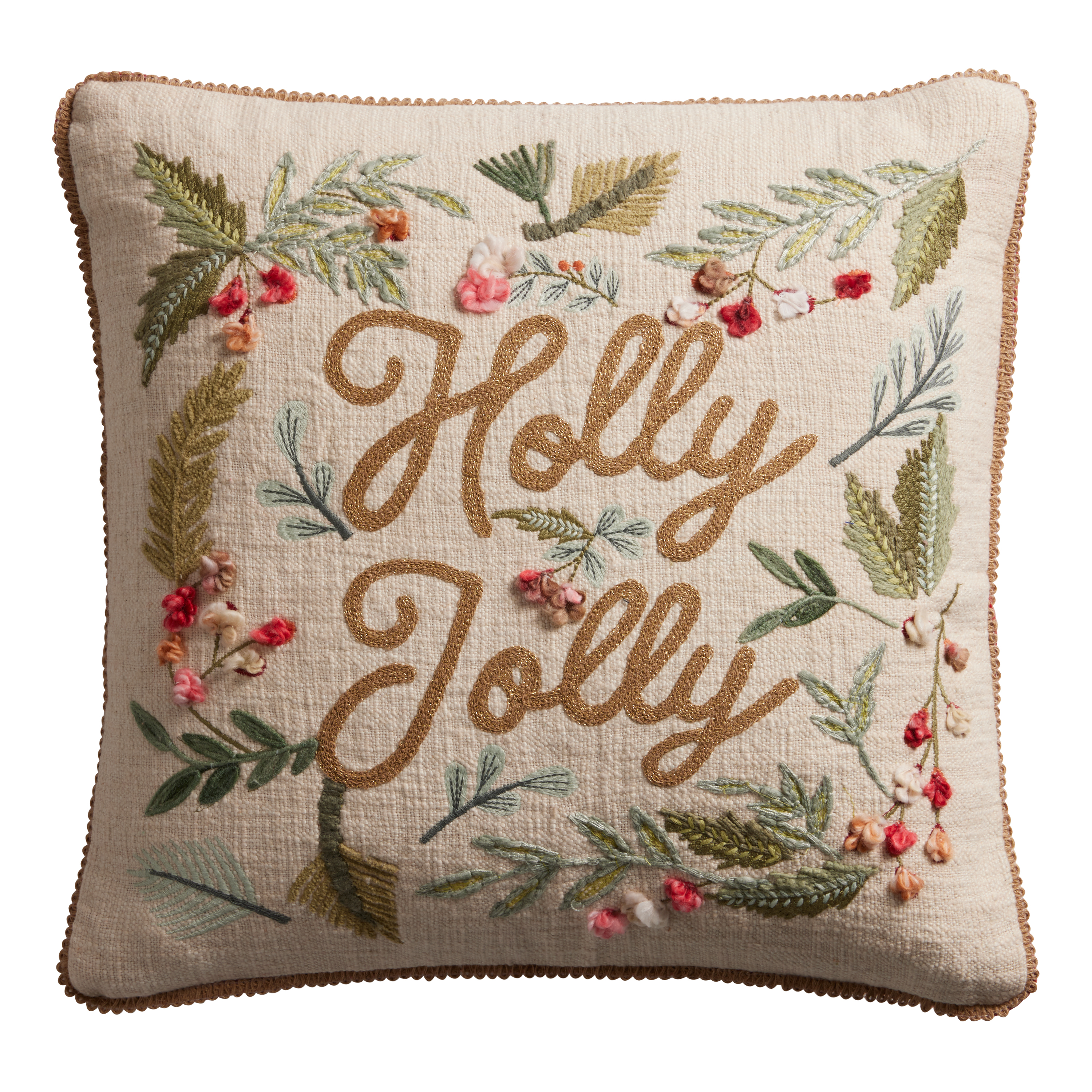 Ivory And Gold Embroidered Holly Jolly Throw Pillow World Market