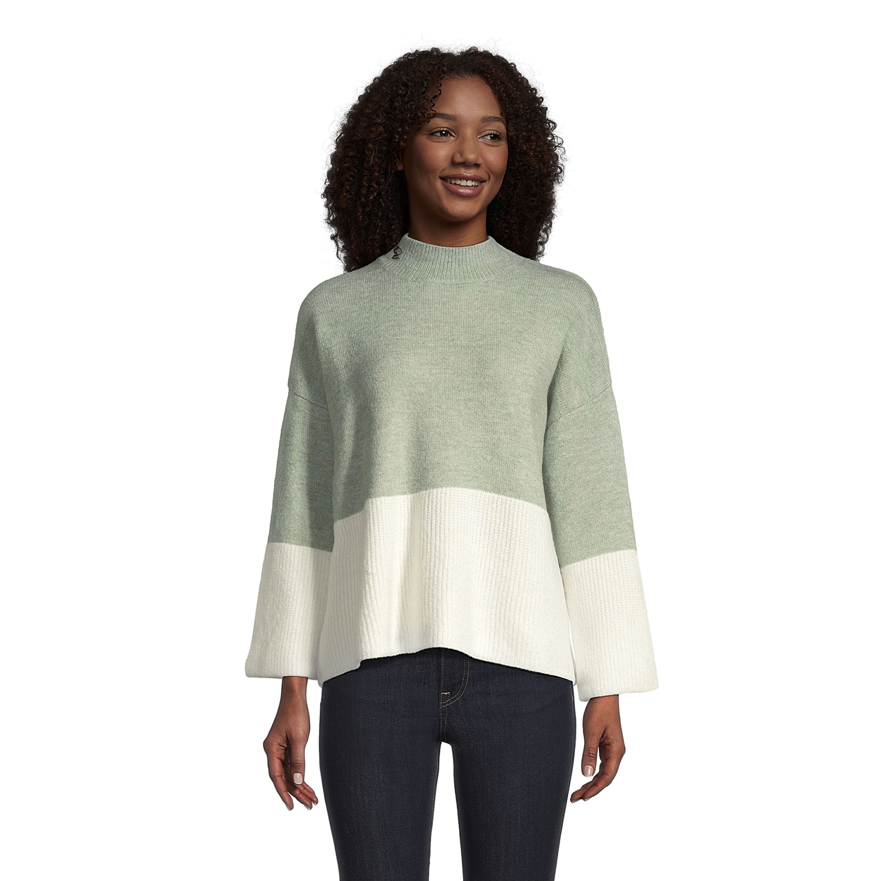 Sage And Ivory Color Block Mock Neck Lounge Sweater - World Market