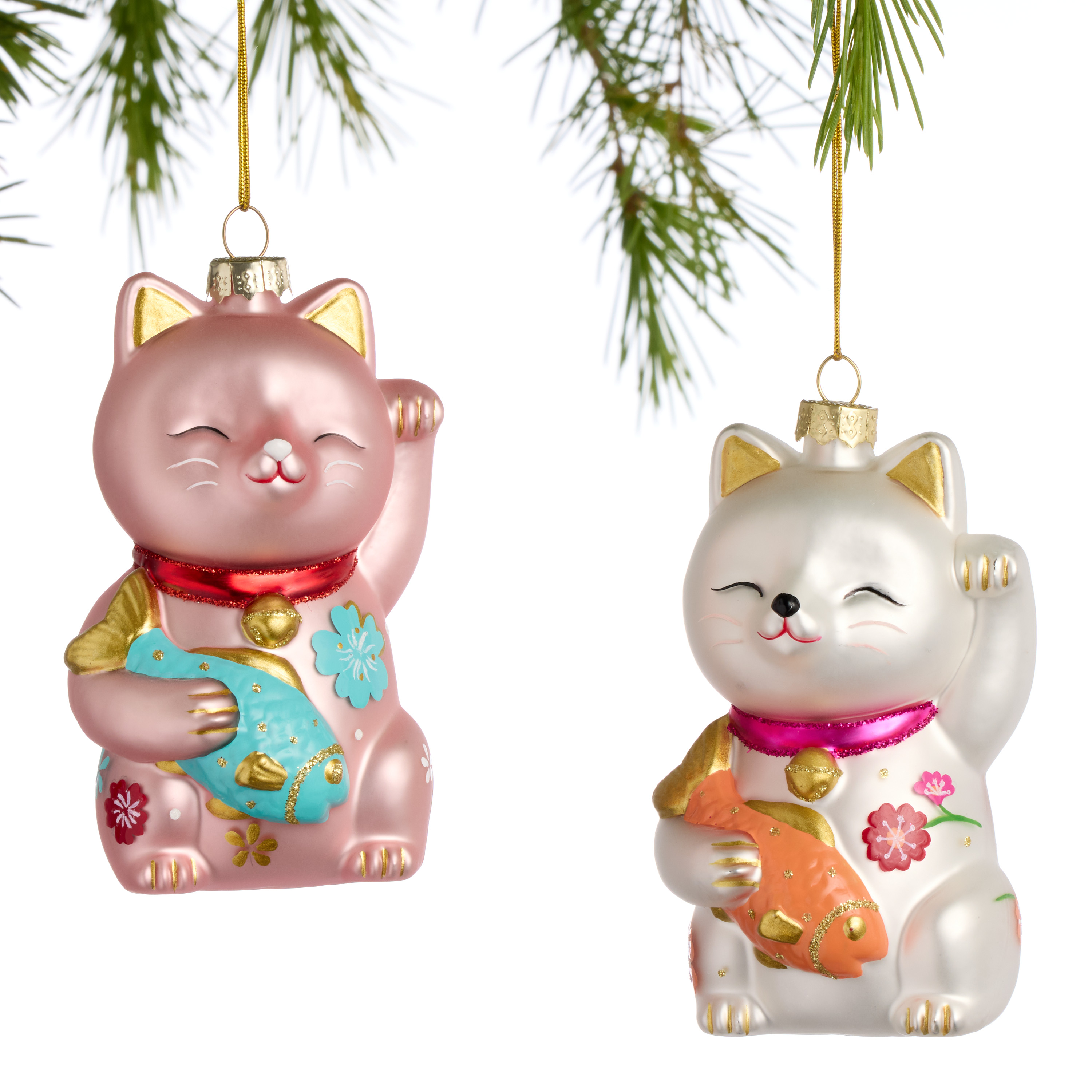 Glass Lucky Cat with Fish Ornaments Set of 2 - World Market