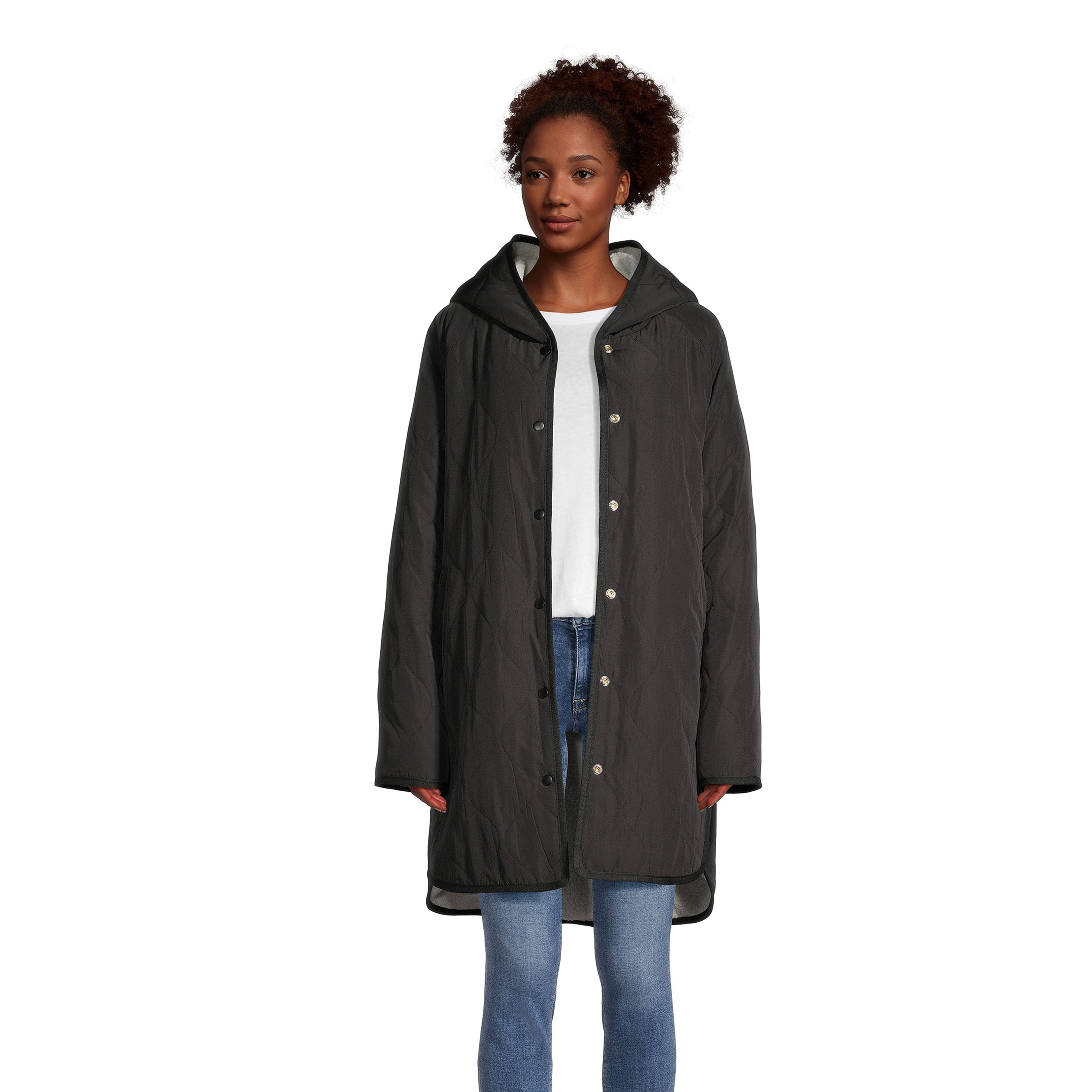 Black And Ivory Sherpa Reversible Hooded Jacket With Pockets