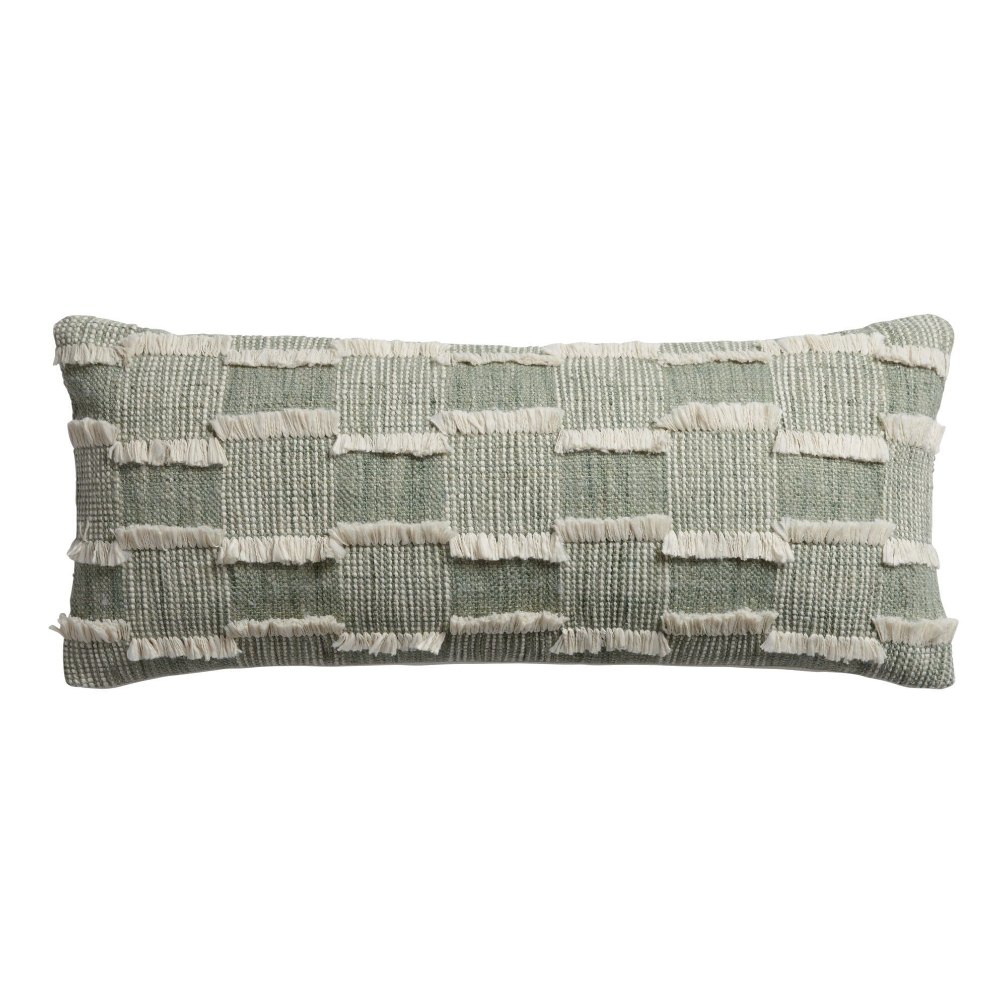 Extra Wide Sage Checked Fringe Indoor Outdoor Lumbar Pillow - World Market