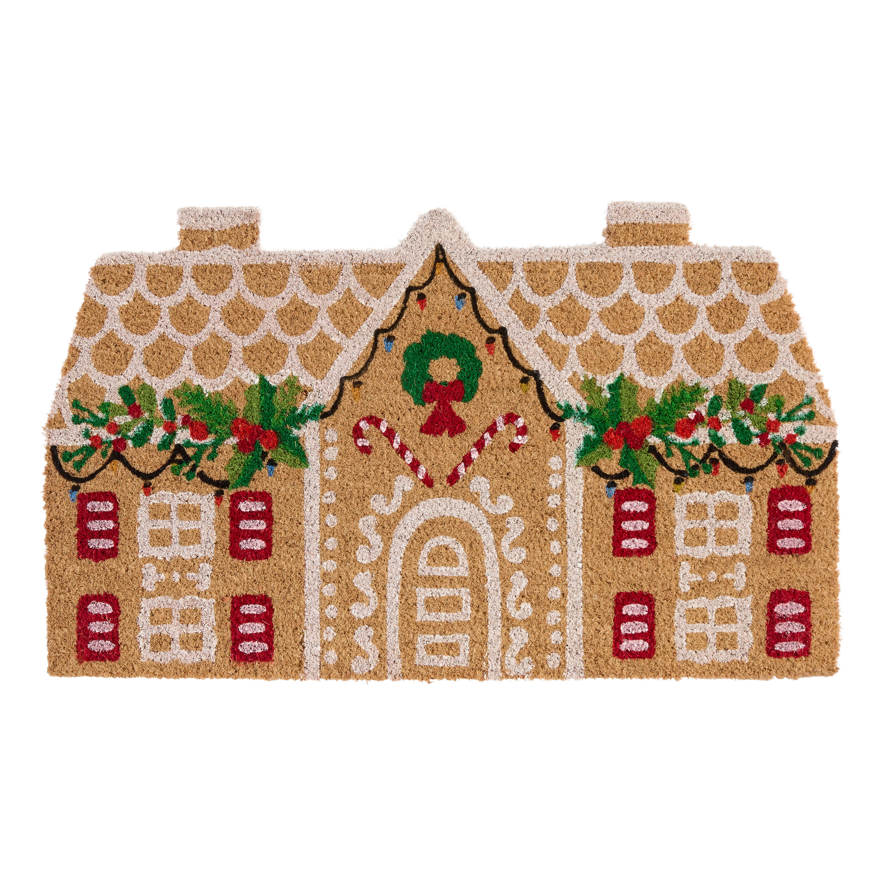 Red and Green Holiday Gingerbread Cottage Coir Doormat - World Market