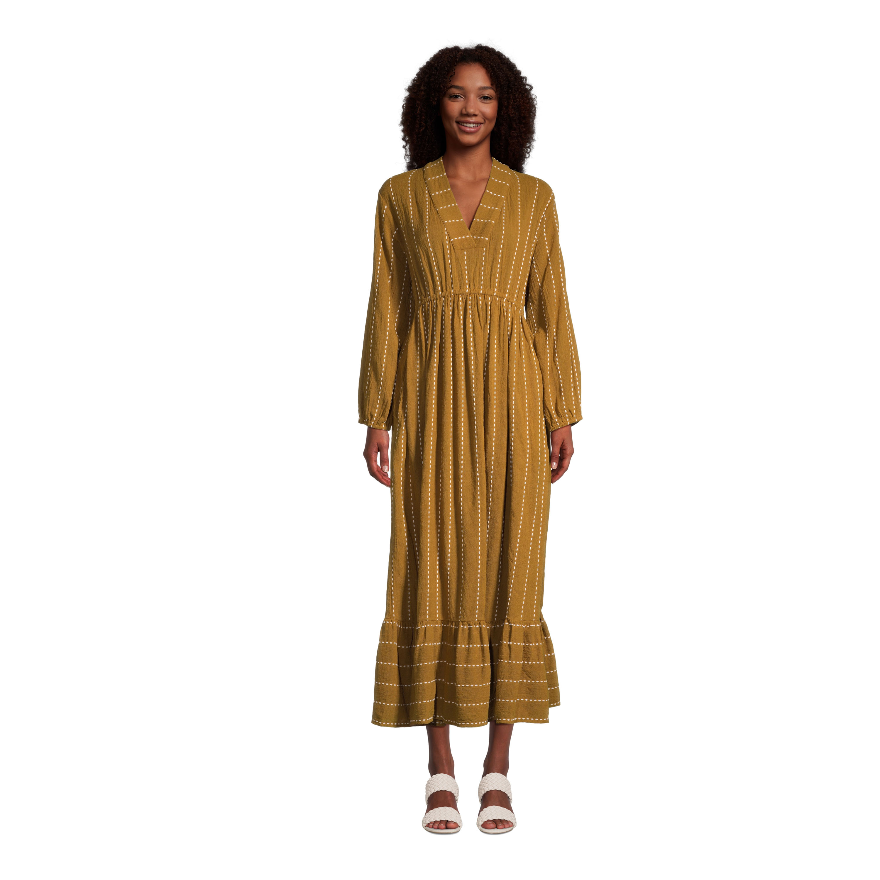 Mira Tobacco and Ivory Stripe Long Sleeve Kaftan Dress with