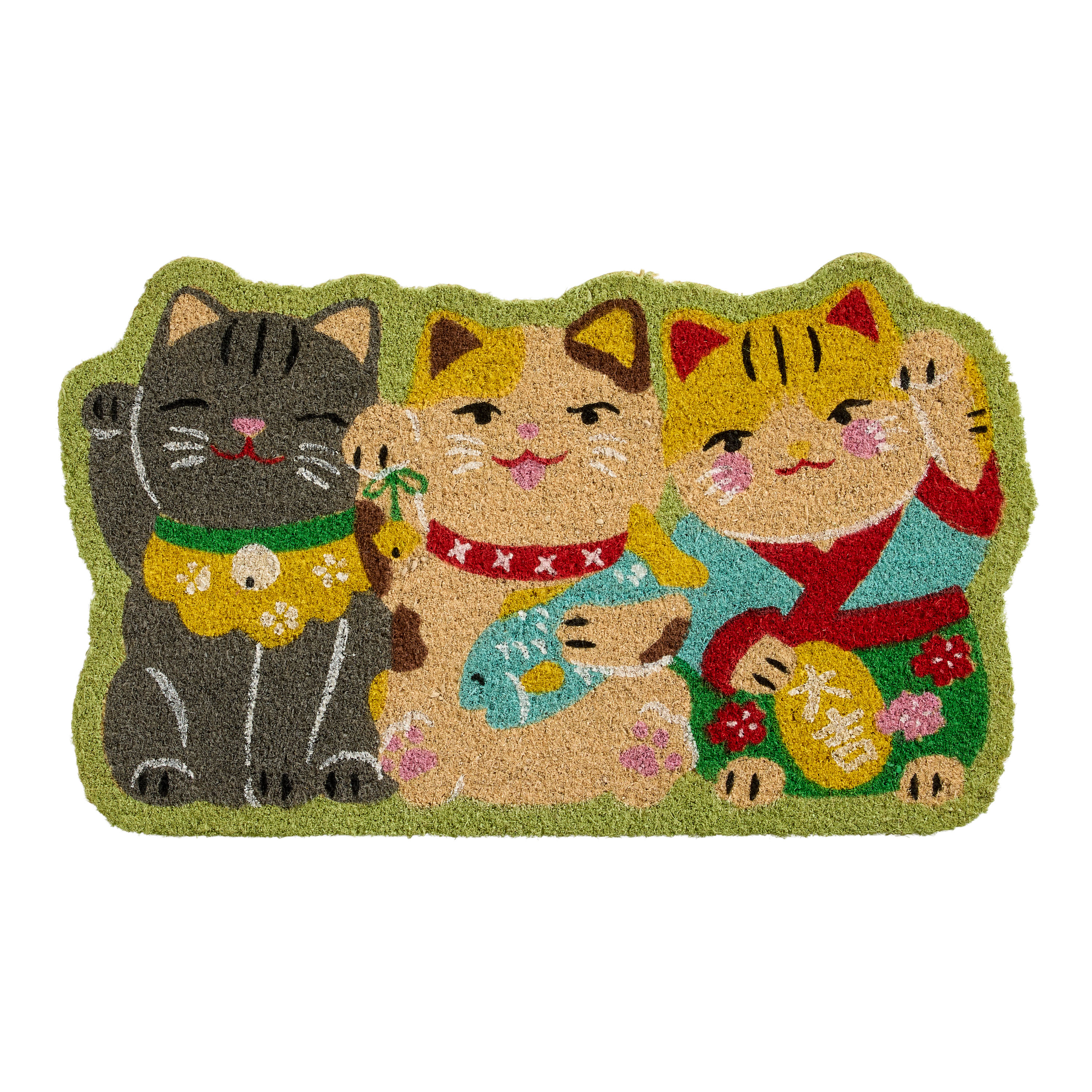 Pink Multicolor Lucky Cat Trio Shaped Coir Doormat - World Market