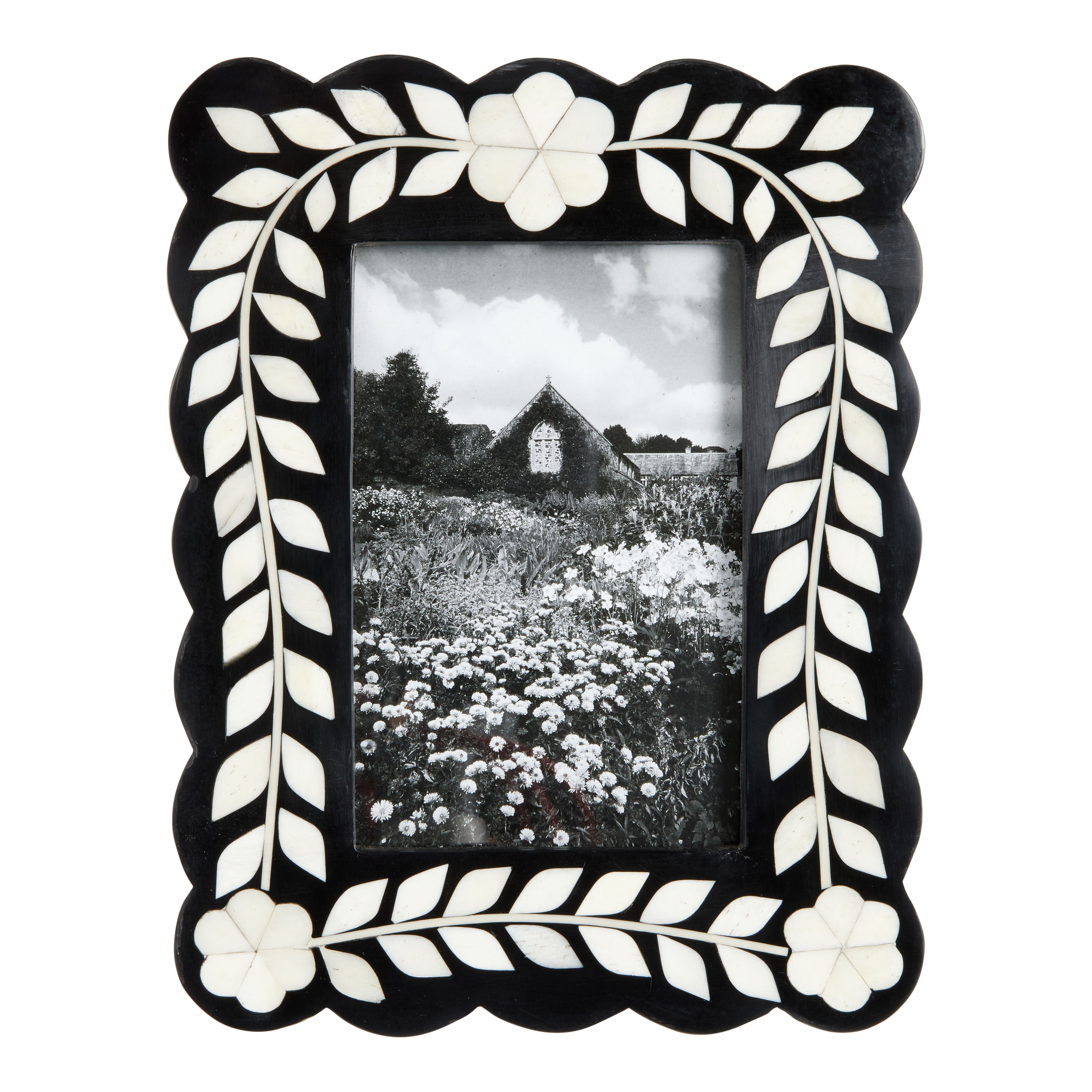 Round Black And White Floral Bone Inlay Wall Mirror - World Market