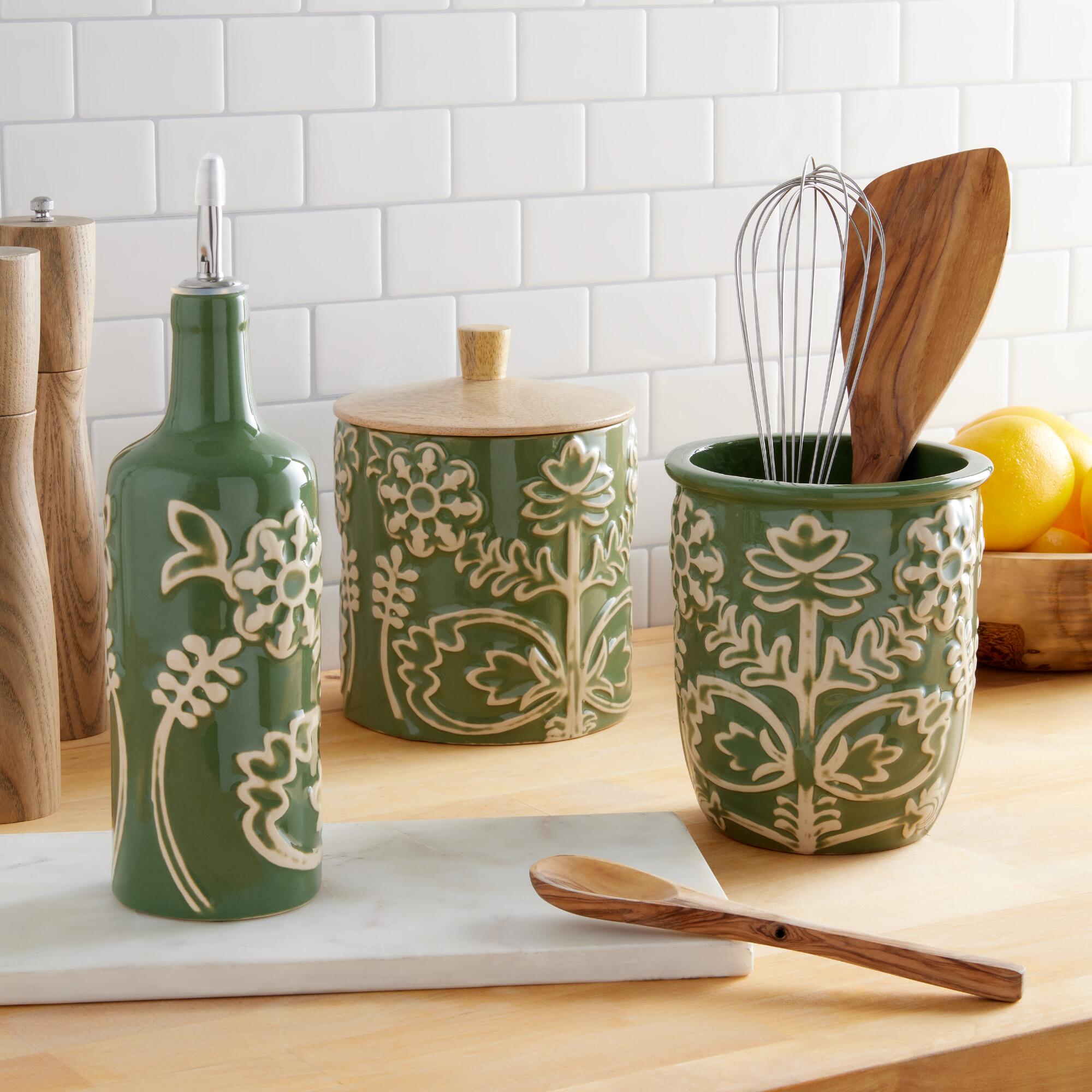 Eden Green Ceramic Floral Embossed Kitchenware Collection World Market